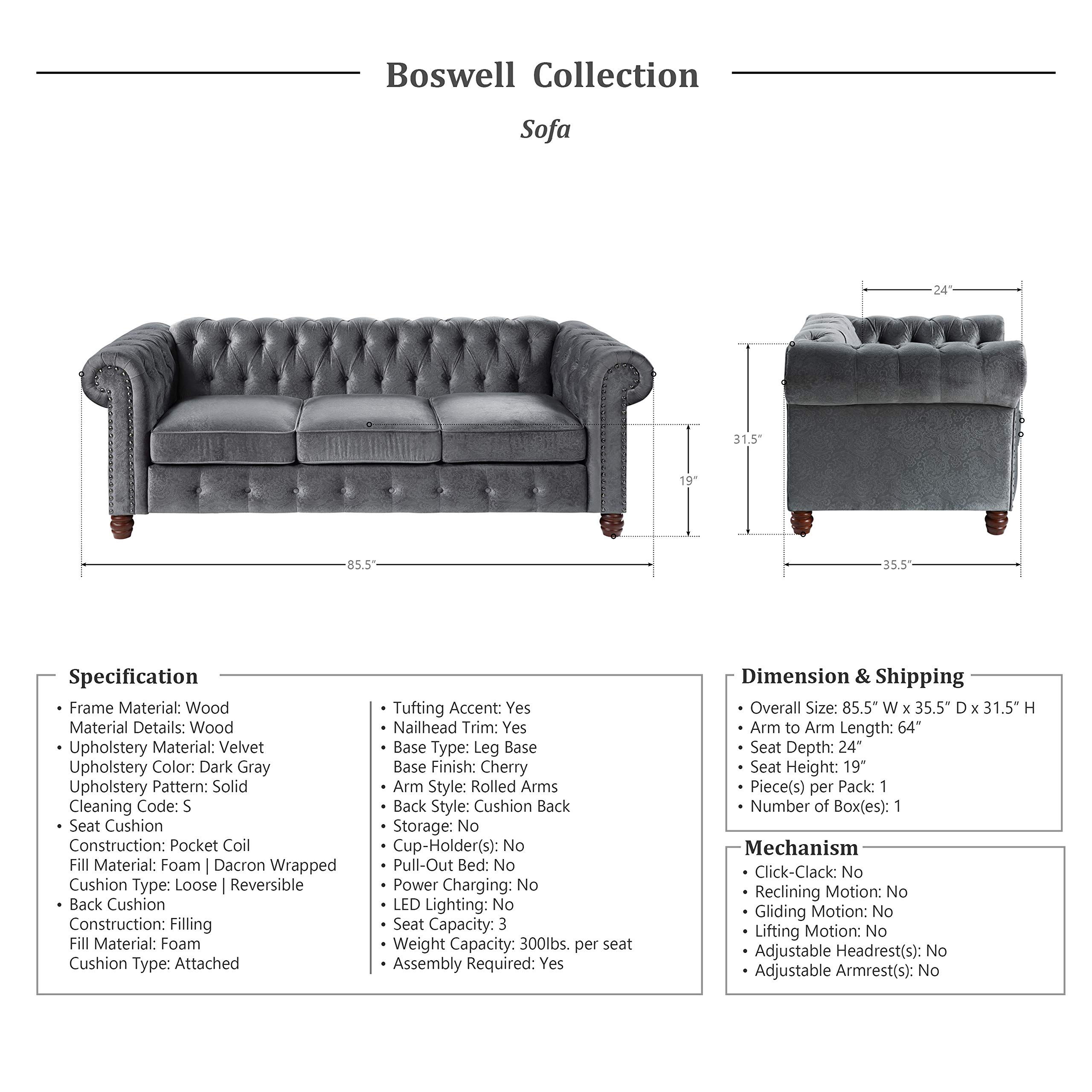 Lexicon Boswell Modern Living Room Sofa - Dark Gray Fabric Couch for Small Spaces, Comfortable Sectional Sofa for Apartments, Homes & Offices