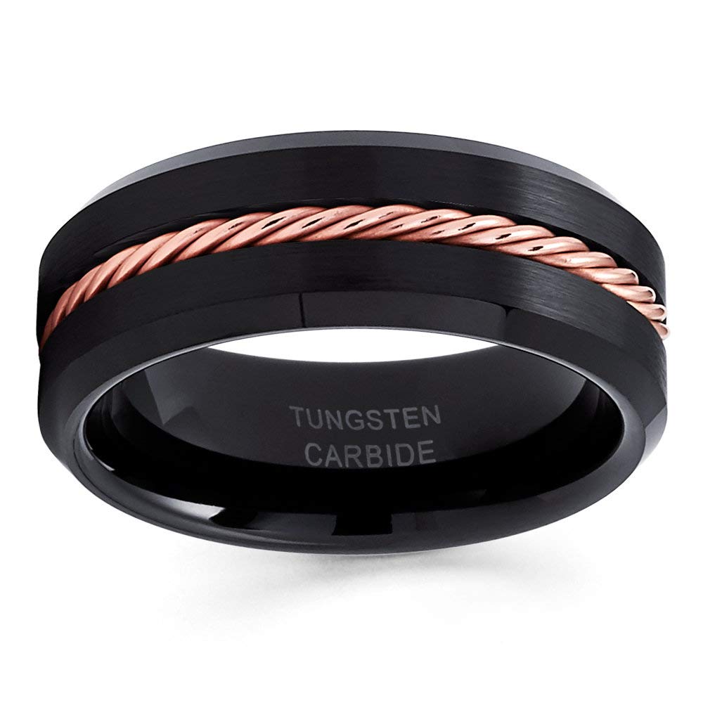 Rose Gold Tungsten Wedding Band for Men & Women - Comfort Fit Anniversary & Engagement Ring - Durable Black Tungsten Ring for Everyday Wear - Perfect for Couples, Gifts & Special Occasions