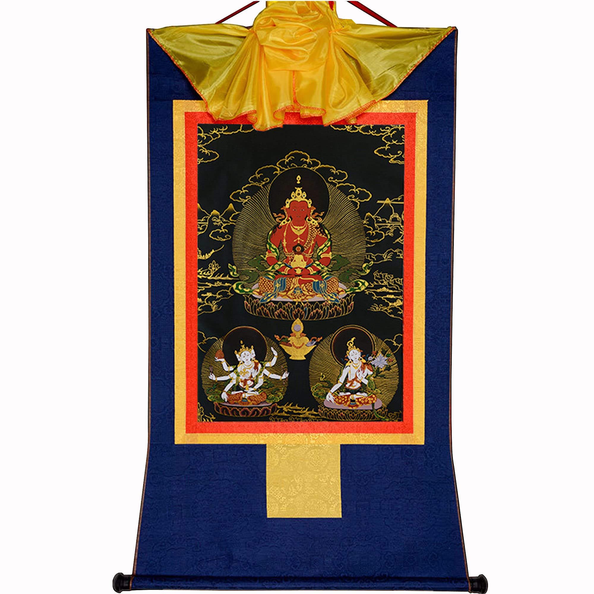 Amitayus Buddha Thangka Art - Tibetan Tapestry for Home Decor, Meditation & Spiritual Relaxation - Handmade Hot Stamped Wall Hanging for Zen Living Rooms, Yoga Studios & Buddhist Altars