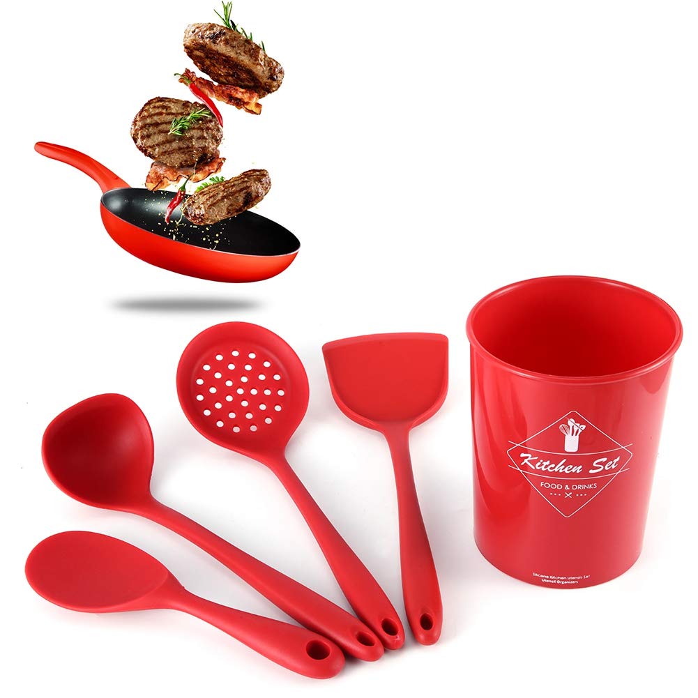 5Pcs Non-Stick Silicone Kitchen Utensil Set with Holder - Heat Resistant Cooking Spatula, Spoon, Turner for Baking, Frying & Cooking - Perfect Kitchen Cookware Gift (Red) | Ideal for Home Chefs & Cooking Enthusiasts
