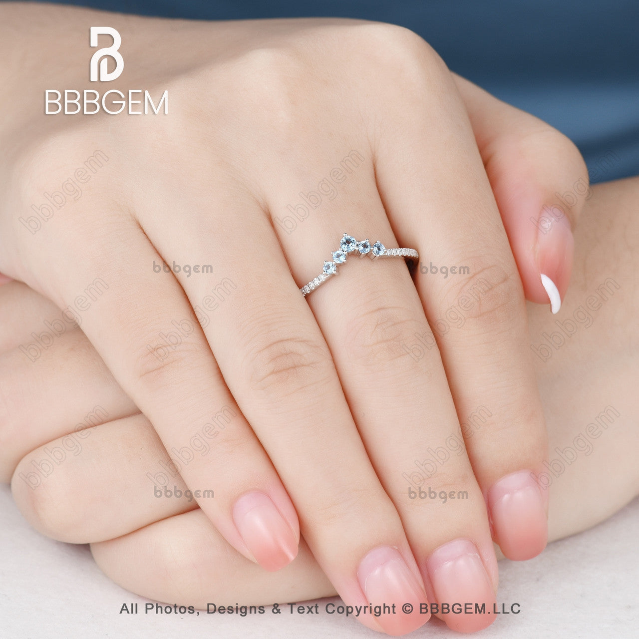 5-Stone Aquamarine Platinum White Gold Chevron Wedding Band - Stackable Nesting Ring for Bridal, Engagement, Anniversary & Everyday Elegance