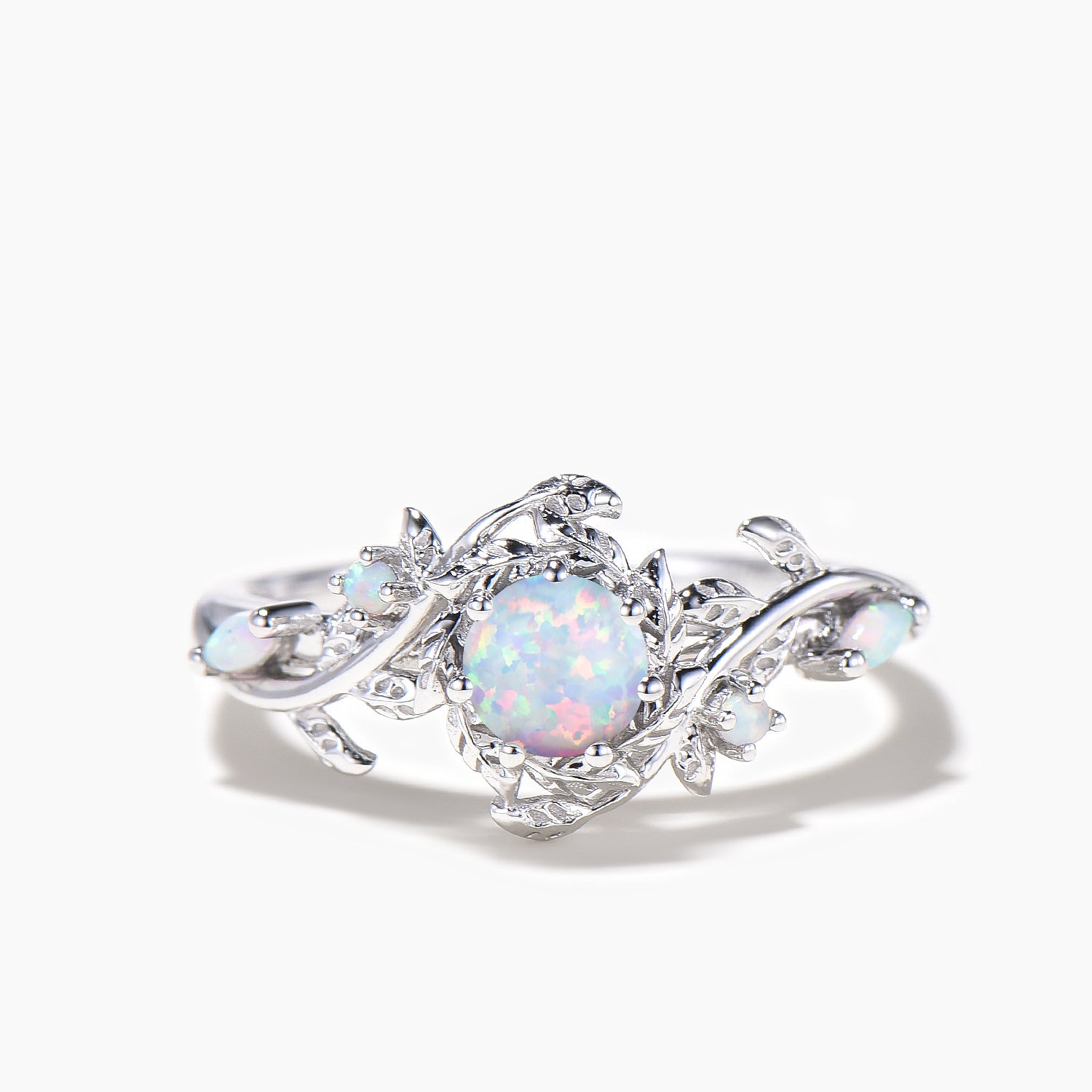 Round Cut White Opal Leaf Engagement Ring in 14K White Gold - Nature Inspired Wedding Band for Women, Perfect for Proposals, Anniversaries & Boho Bridal Jewelry