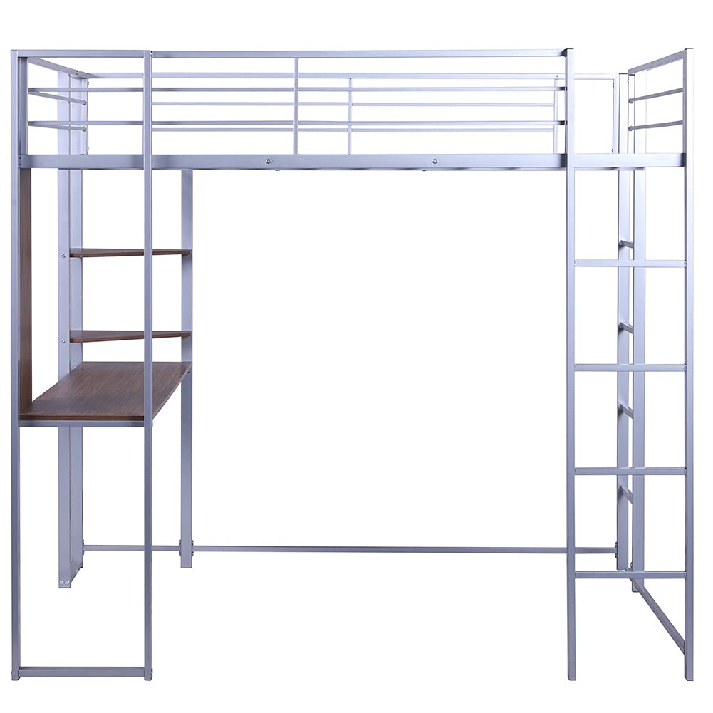Full Size Metal Loft Bed with 2 Shelves & Desk for Kids & Teens - Sturdy Silver Frame for Small Spaces, Dorm Rooms & Kids Bedrooms - Study & Sleep Solution