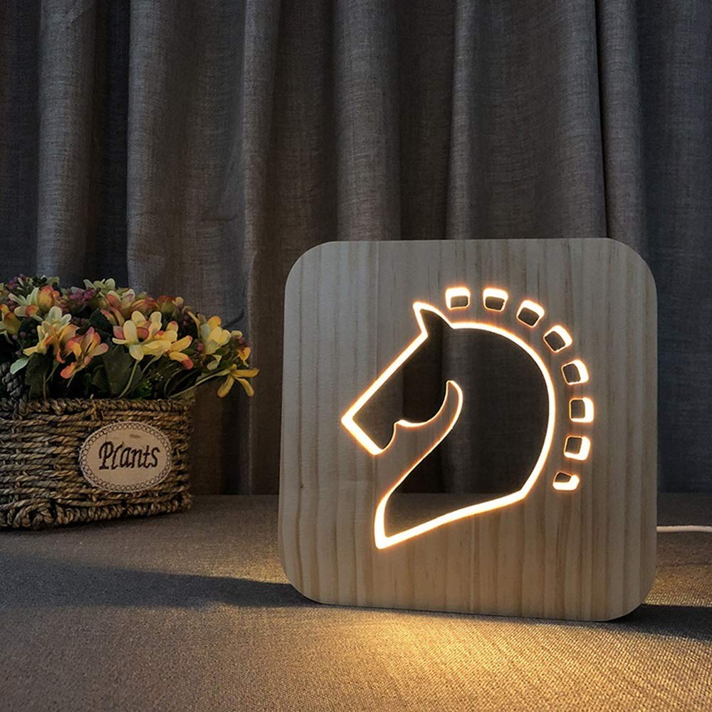 Wduuoo Wooden 3D Hollow Abstract Horse Head Table Lamp - Decorative LED Night Light with USB Power for Bedroom, Children's Room, Office Desk (19x19cm) | Creative Birthday Gift, Romantic Ambient Lighting for Home Decor