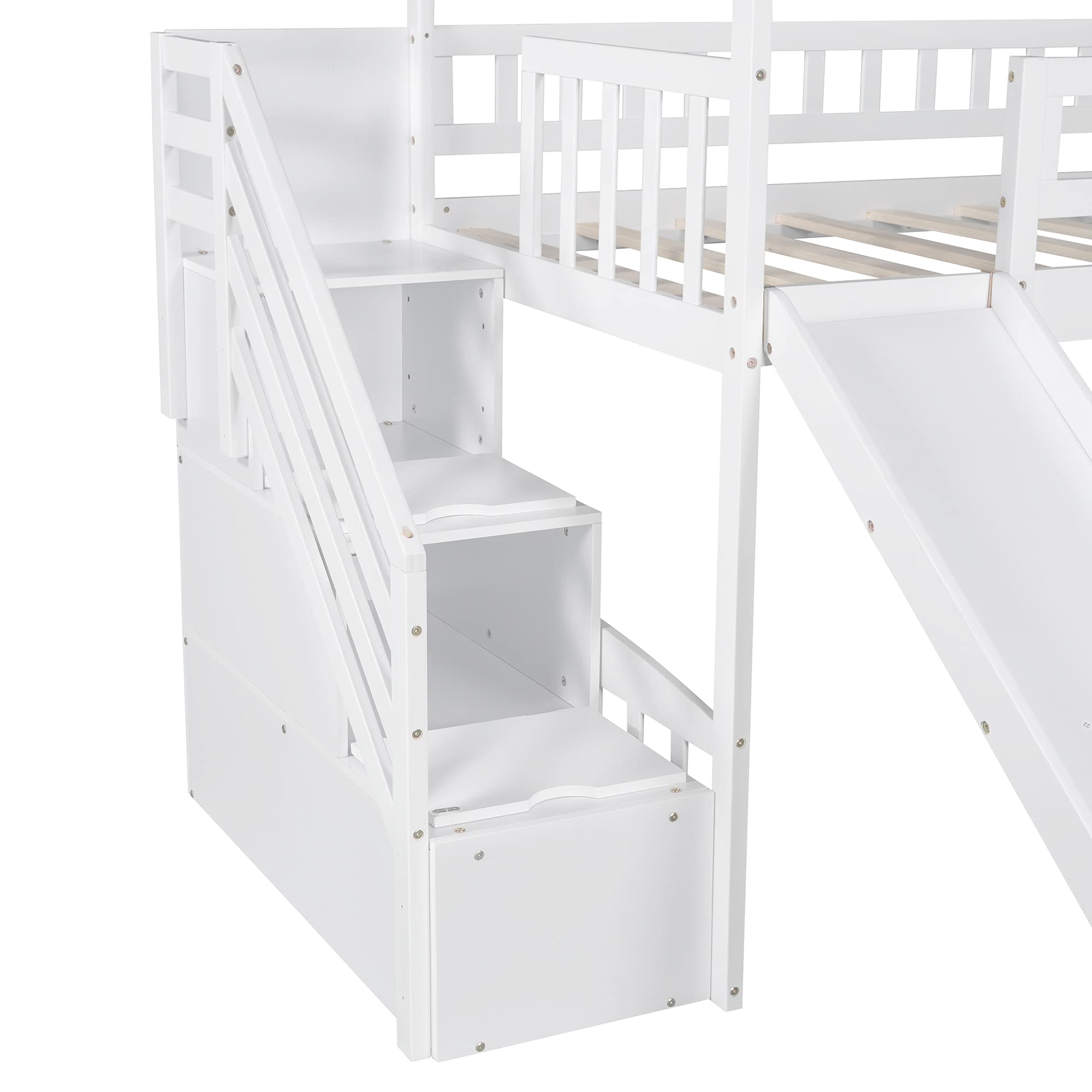 P PURLOVE Twin Over Twin Wooden Loft Bed with Slide, Staircase & Drawers - Kids Bunk Bed with Storage, No Box Spring Needed - Perfect for Small Bedrooms, Playrooms & Space-Saving Kids' Rooms