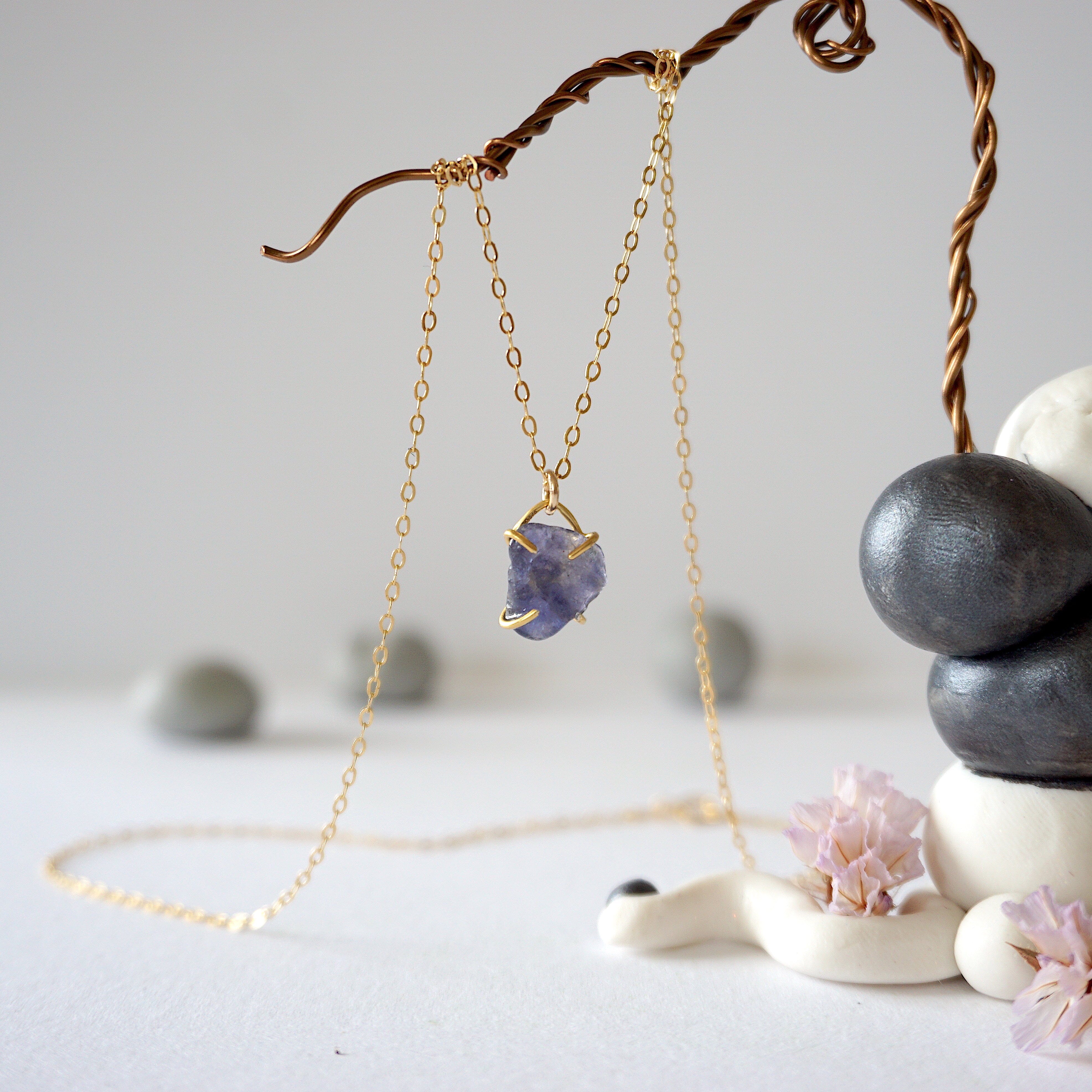 Iolite Sapphire 14K Gold Filled Huggie Charm Necklace for Women - Elegant Dainty Jewelry Gift for Birthday, Anniversary & Valentine's Day