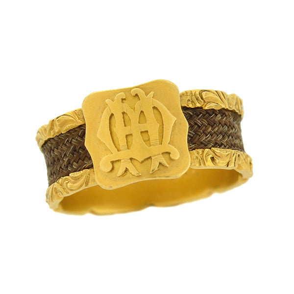 Antique Victorian 18K Gold Enamel & Woven Hair Mourning Ring - Elegant Memorial Jewelry for Women, Perfect for Remembrance Gifts & Historical Collectors