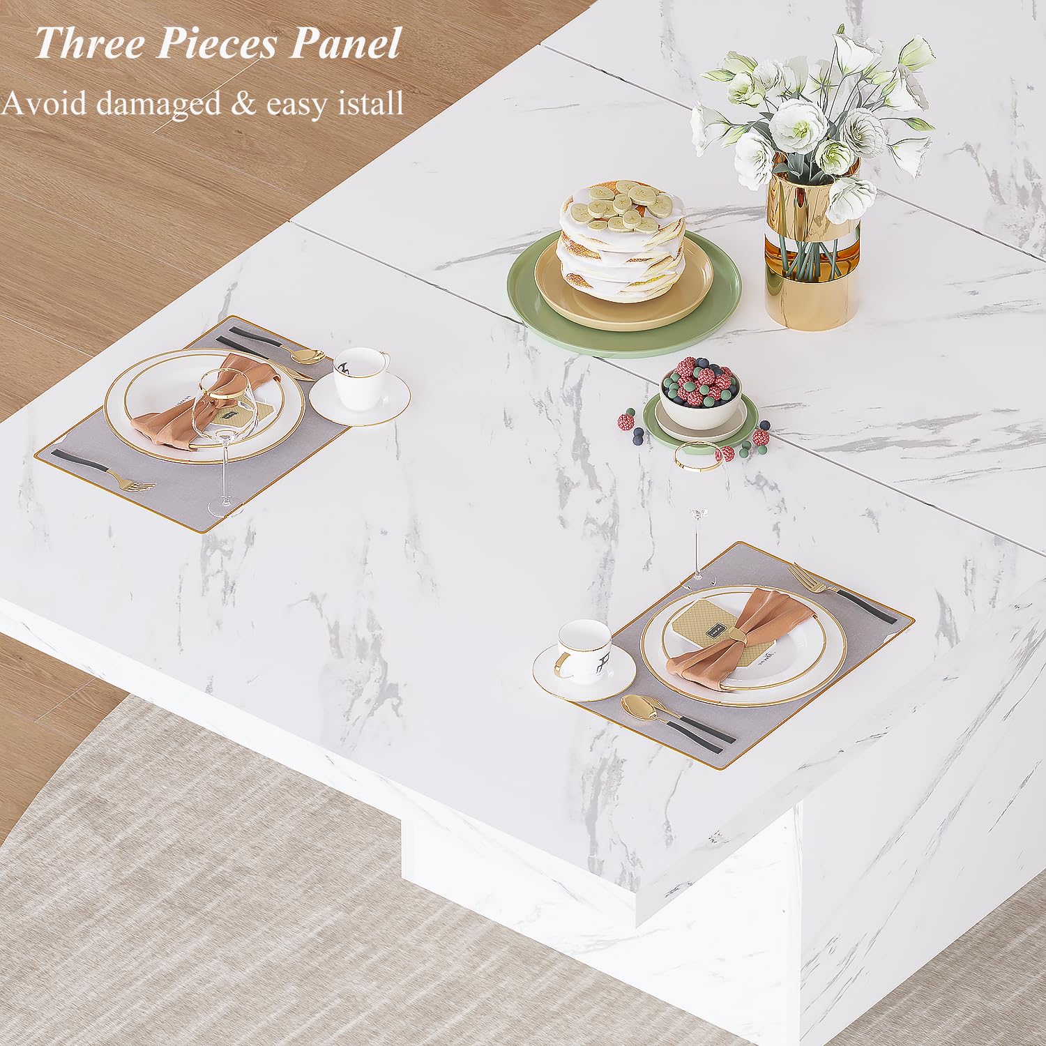 HSH White Faux Marble Dining Table - 63 Inch Modern Farmhouse Style Kitchen Table for 6 People, Sturdy Wood Base with Pedestal Support, Rectangle Design for Dining Room & Living Room | Perfect for Family Gatherings, Dinner Parties & Home Decor