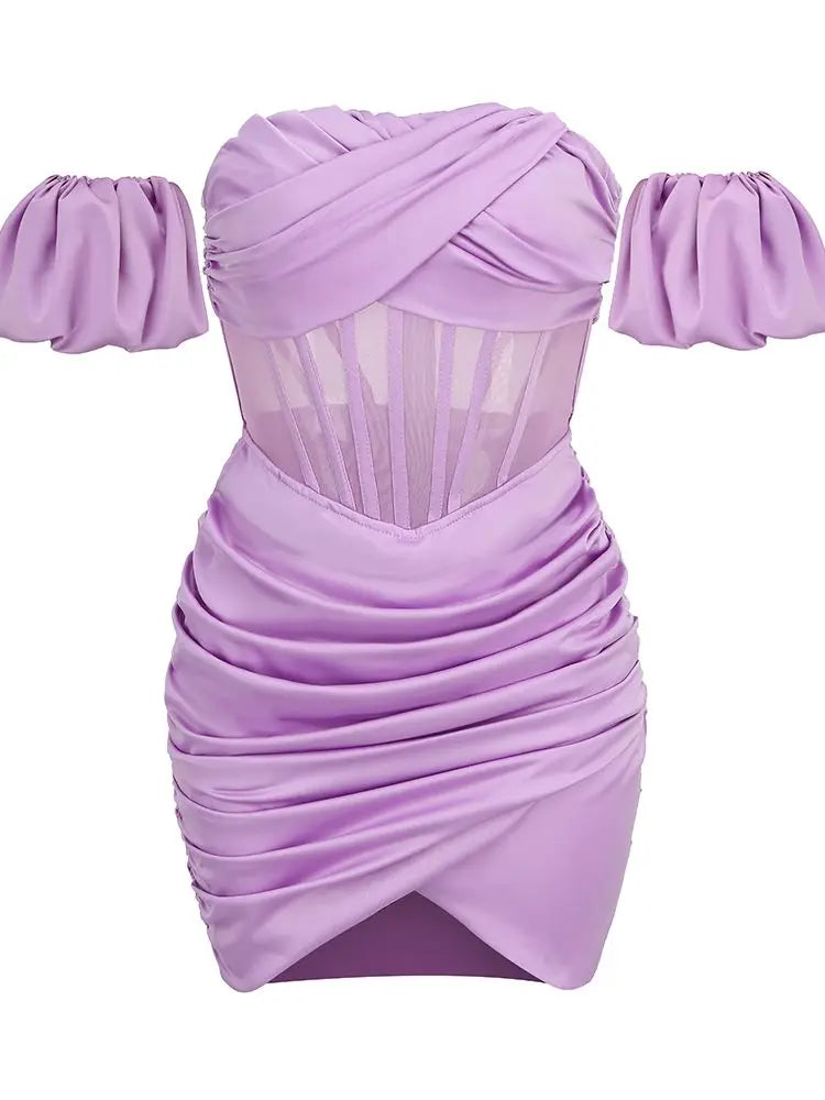 Sexy Off Shoulder Bubble Sleeve Mini Dress for Women - Summer Pleated Tight Party Club Dress | Perfect for Night Out, Date Night & Special Occasions