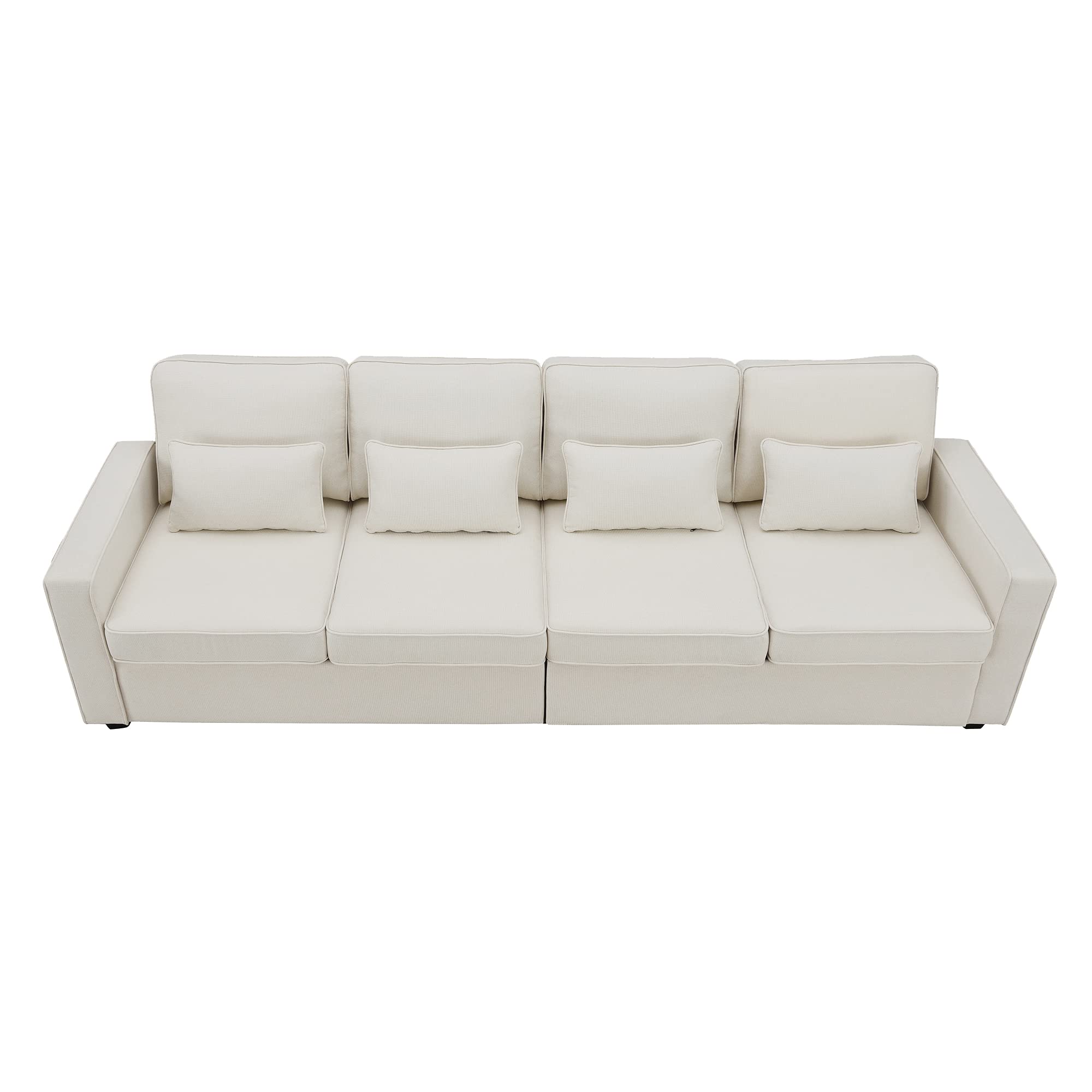 Modern 4-Seater Linen Fabric Sofa with Armrest Pockets & 4 Pillows - Minimalist Upholstered Couch for Living Room, Apartment, Office (Beige) | Perfect for Small Spaces, Family Gatherings & Cozy Home Decor