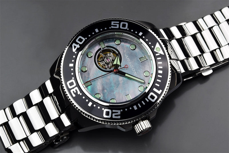 ARAGON Divemaster 45 Open Heart A063BLK - Men's Skeleton Automatic Watch with Date Window, Stainless Steel Case & Leather Strap - Perfect for Diving, Business & Formal Occasions