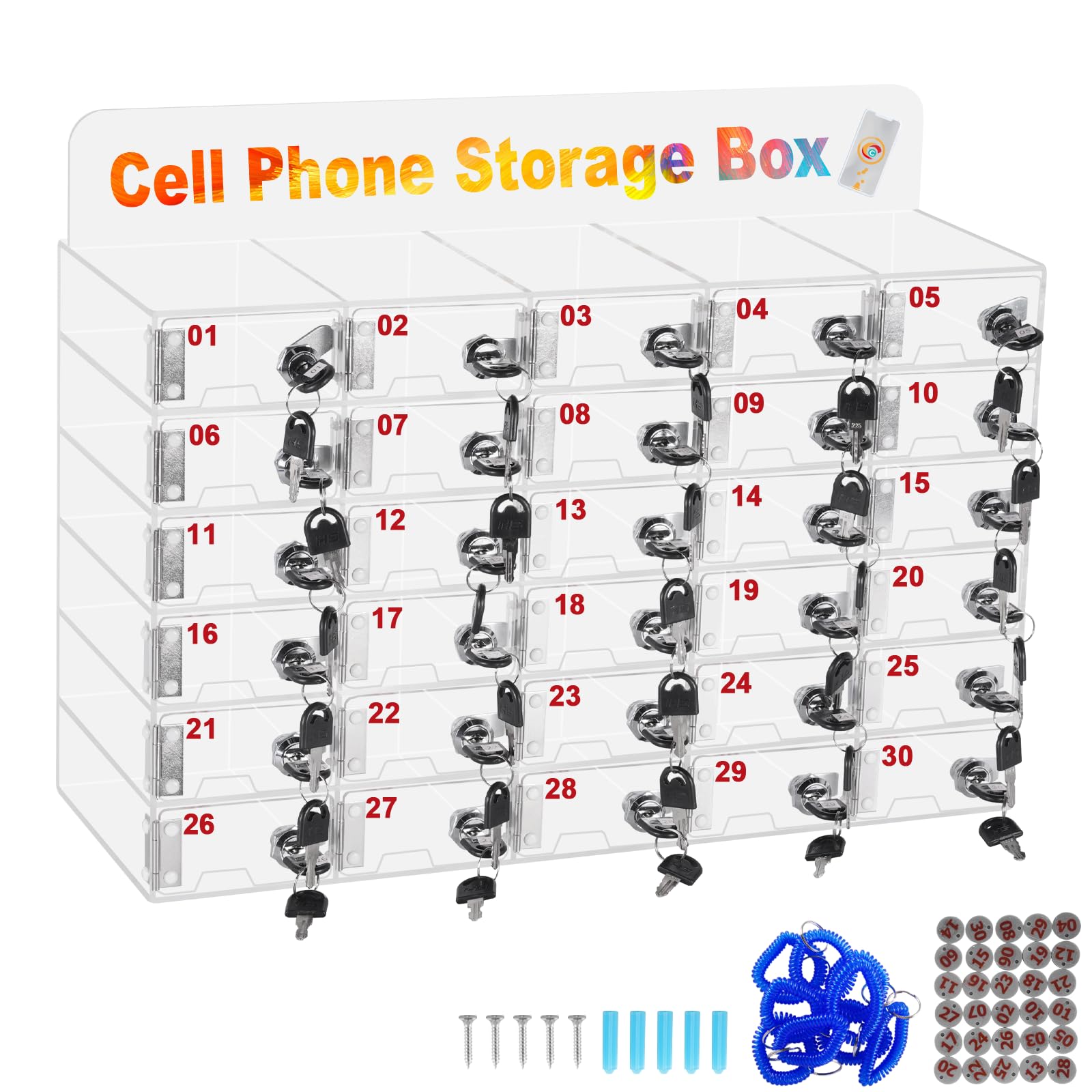 30-Slot Acrylic Wall-Mounted Cell Phone Locker Cabinet with Door Locks & Keys - Secure Phone Storage Organizer for Schools, Offices, Factories | Ideal for Classroom Management, Workplace Security & Employee Phone Control