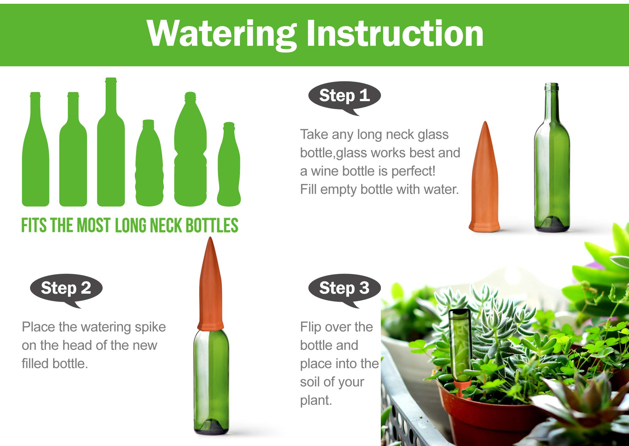 B SEPOR 6-Pack Ceramic Self-Watering Spikes for Plants - Terracotta Wine Bottle Watering Devices - Perfect for Vacation Care & Indoor/Outdoor Gardening
