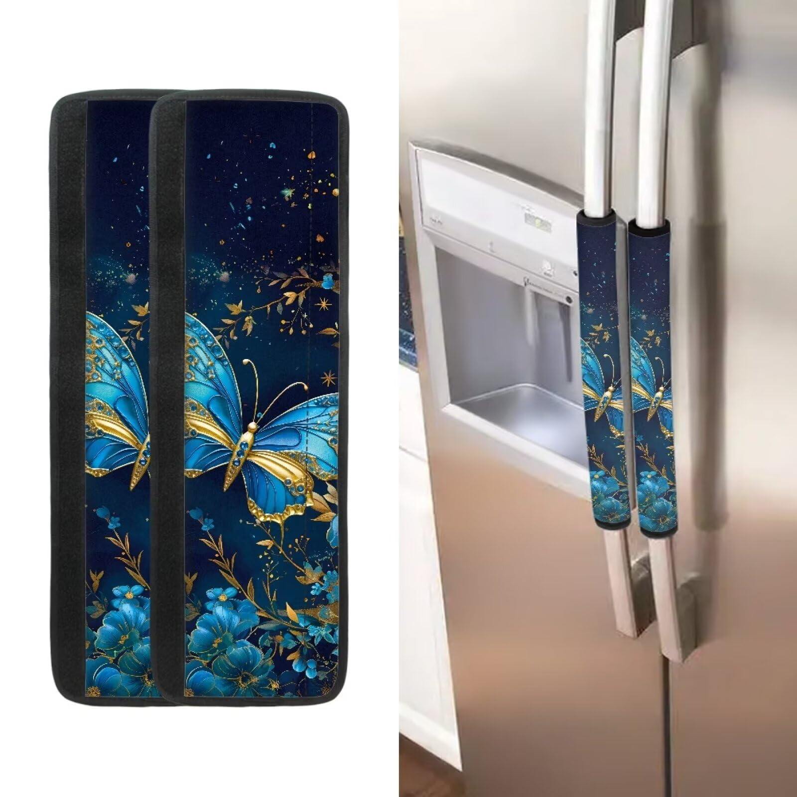 DISNIMO 2-Pack Blue Floral Butterfly Refrigerator Handle Covers - Kitchen Appliance Protector for Fridge & Microwave, Anti-Slip Grip, Stain Resistant (Perfect for Home, Office & Dorm Use)