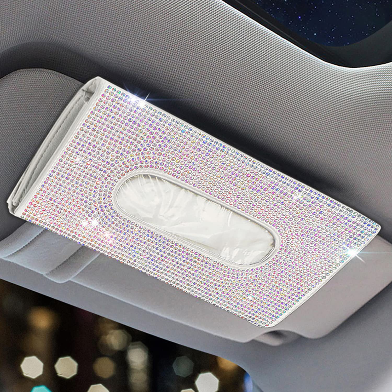 Bling Bling Car Sun Visor Tissue Box Holder - Beige Mixed Car Accessories for Women | Car Visor & Backseat Tissue Holder | Perfect for Road Trips, Daily Commutes & Travel Organization
