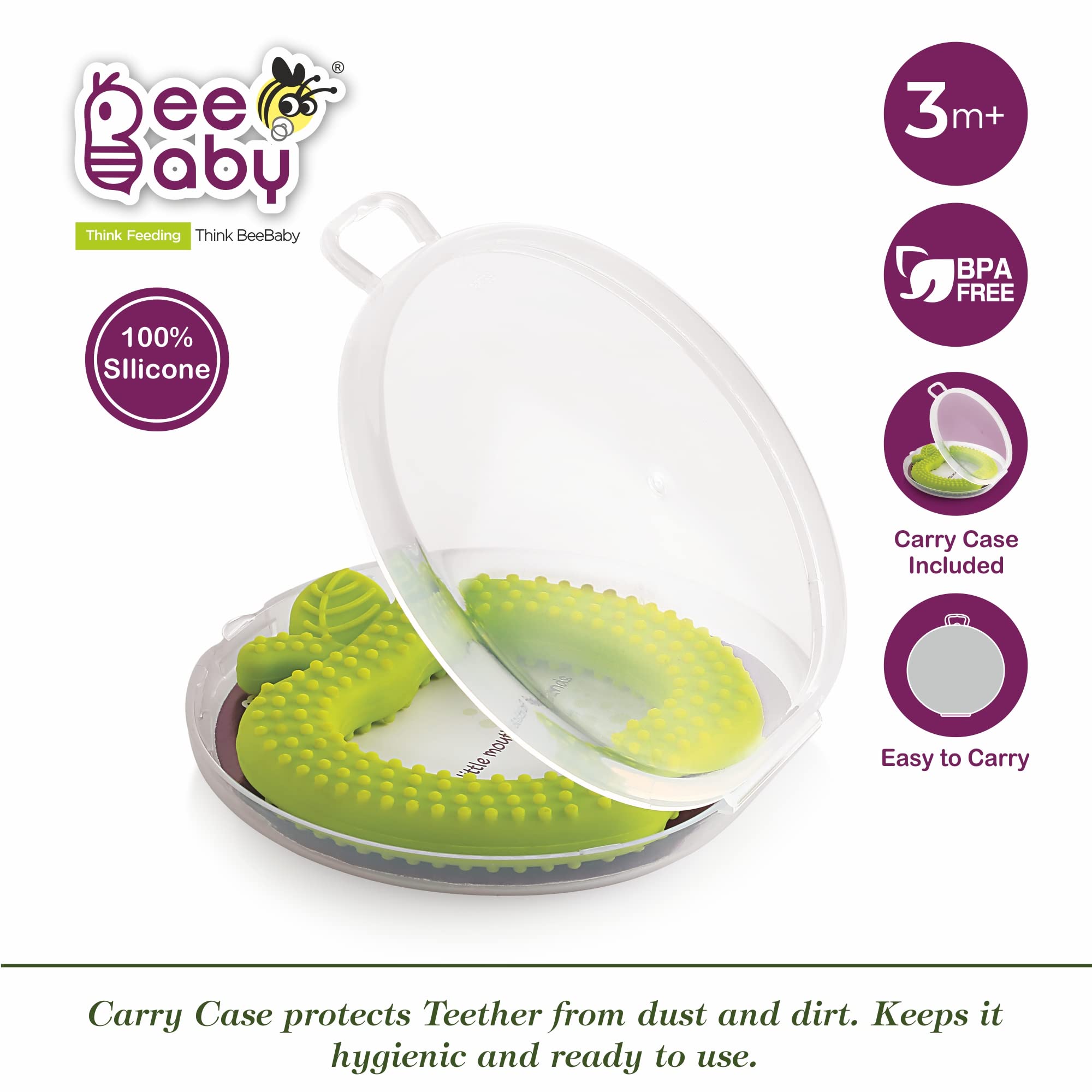 BeeBaby Apple-Shaped Soft Silicone Teether for Babies 3-6 Months | BPA-Free Teething Toy with Textured Surface for Gum Relief | Includes Carrying Case | 100% Food Grade Safe (Green Apple) - Perfect for On-the-Go Soothing & Early Dental Care