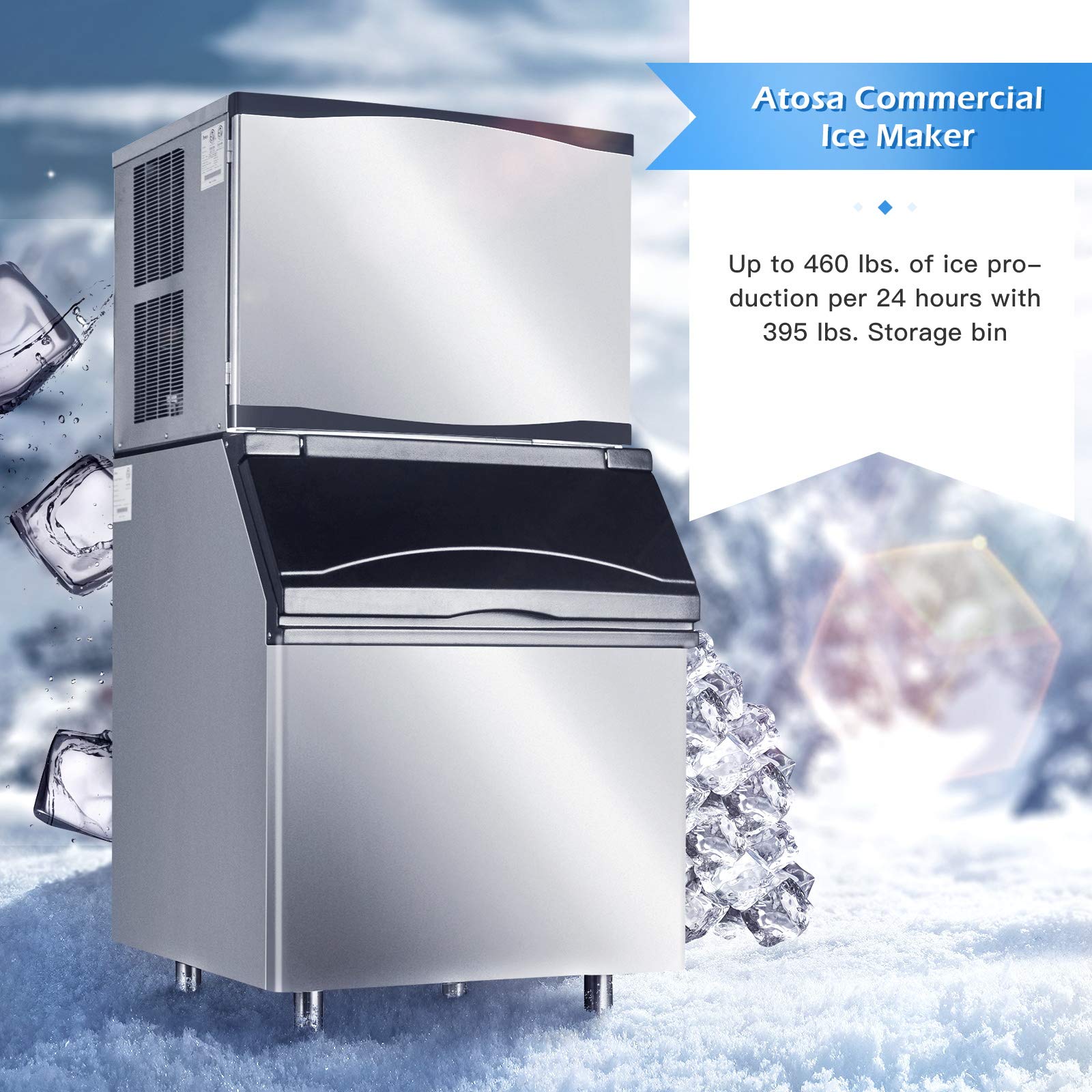 Atosa Commercial Ice Maker Machine with Bin - 460lbs/24h Stainless Steel Automatic Ice Maker for Restaurants, Supermarkets & Bars - Perfect for High-Volume Ice Production in Food Service Businesses