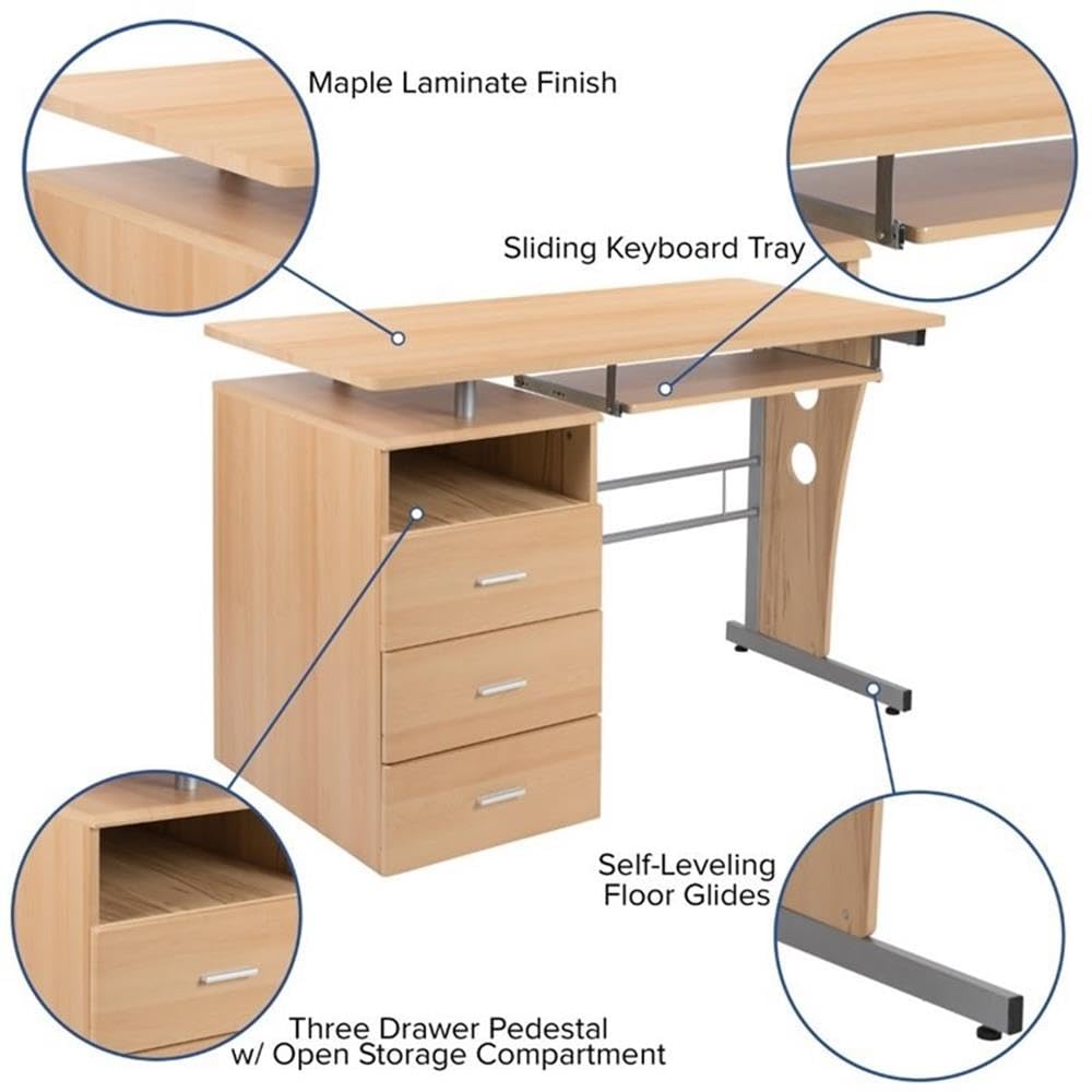 BOWERY HILL 3-Drawer Wood and Steel Computer Desk with Maple Finish - Perfect for Home Office, Study Room & Small Workspaces