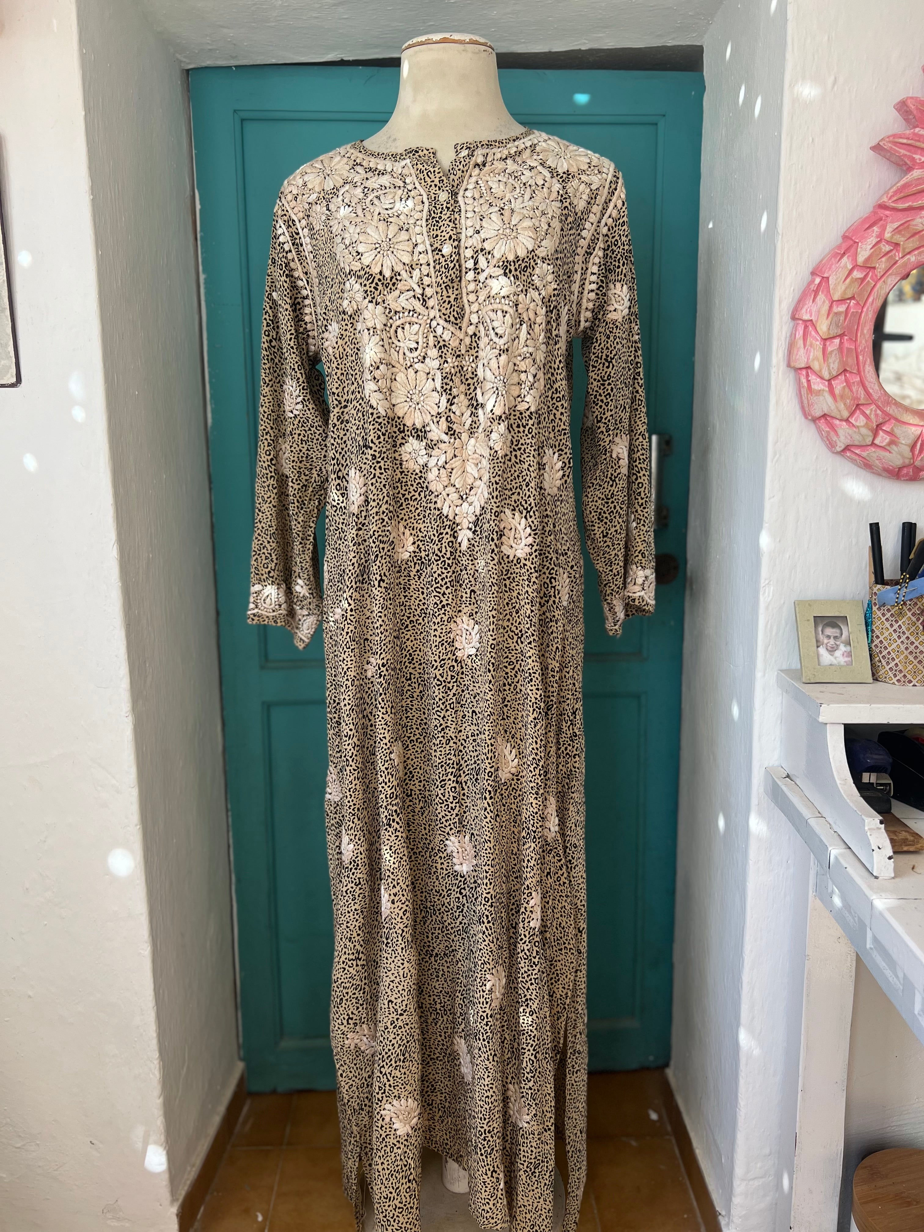Elegant Silk Chiffon Maxi Kurta with Leopard Print - Perfect for Festivals, Parties & Boho Chic Outfits