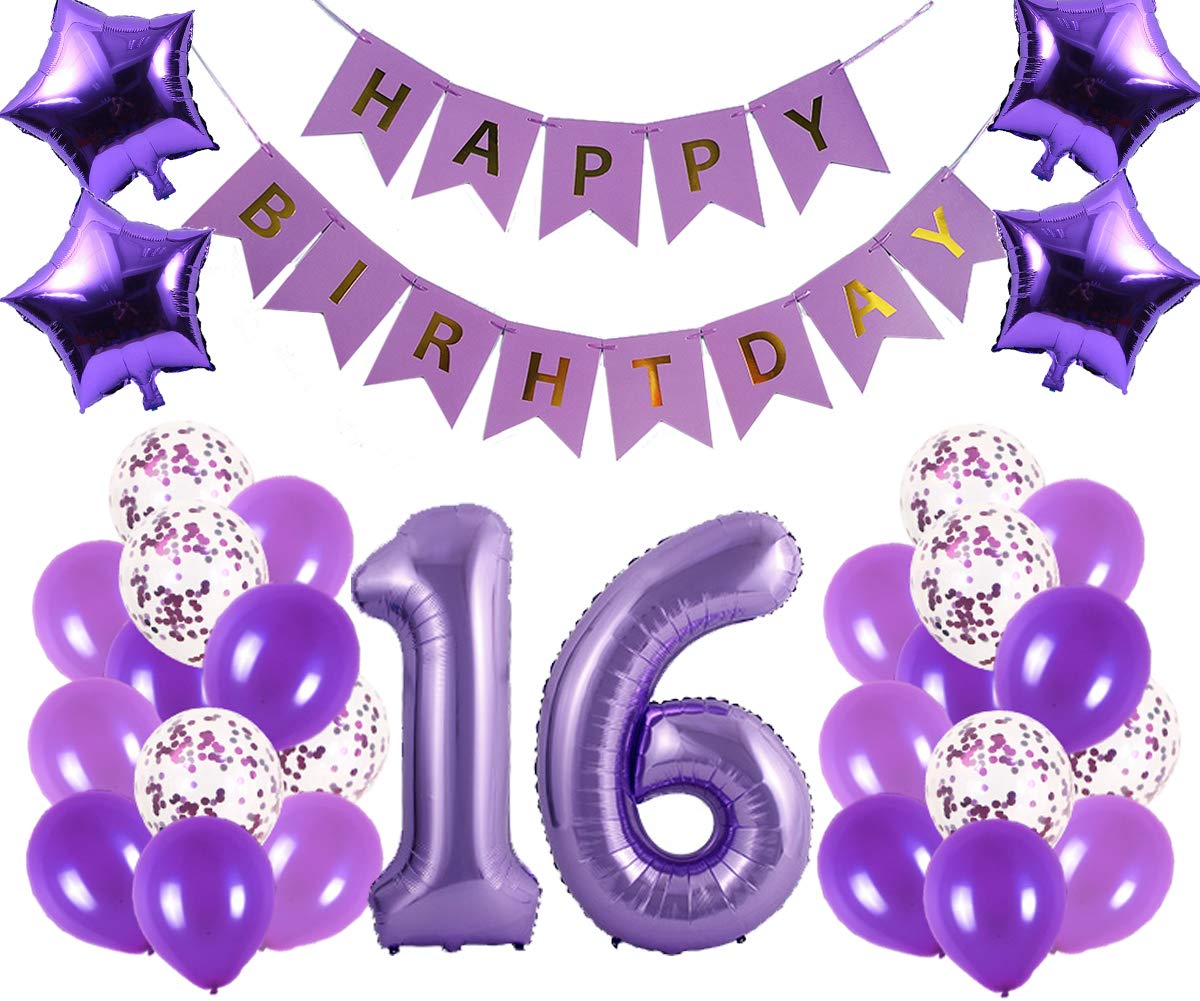 16th Birthday Party Decorations Kit - Happy Birthday Banner, Number 16 Balloons & Purple Party Supplies for Sweet 16 Celebration | Perfect for Teen Girls Birthday, Quinceañera, Milestone Party Decor