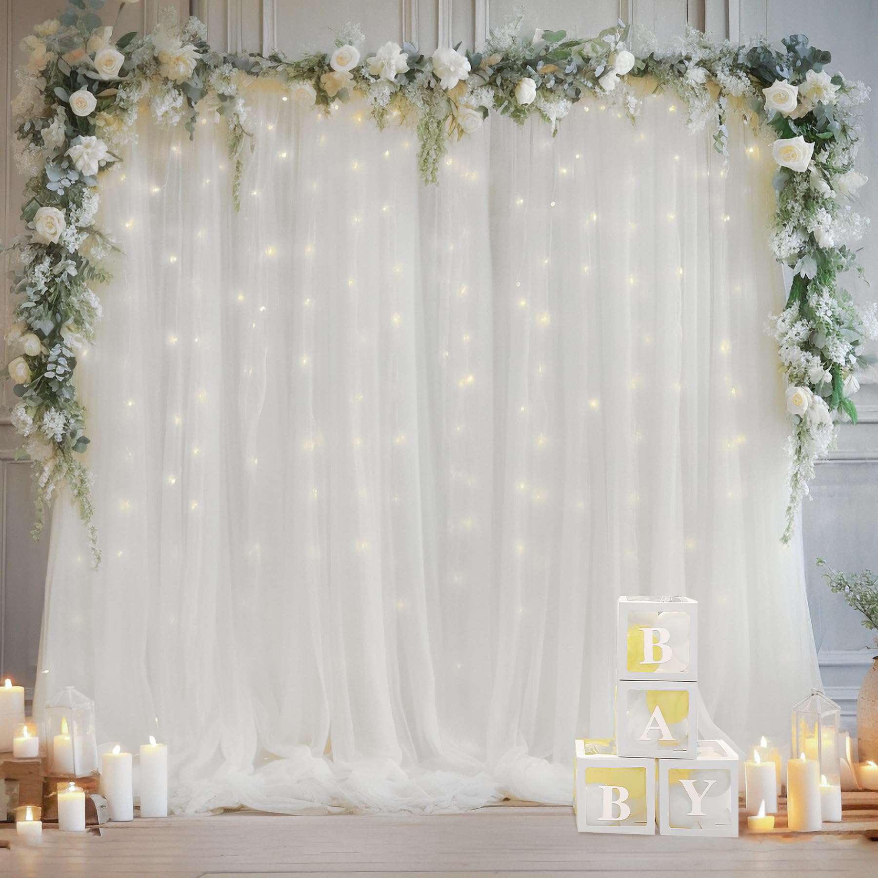 10×10ft White Tulle Backdrop Curtain with Fairy Lights - Sheer Wedding Party Decor, Photo Booth Background, Birthday Celebration Drapes for Home & Event Decorations