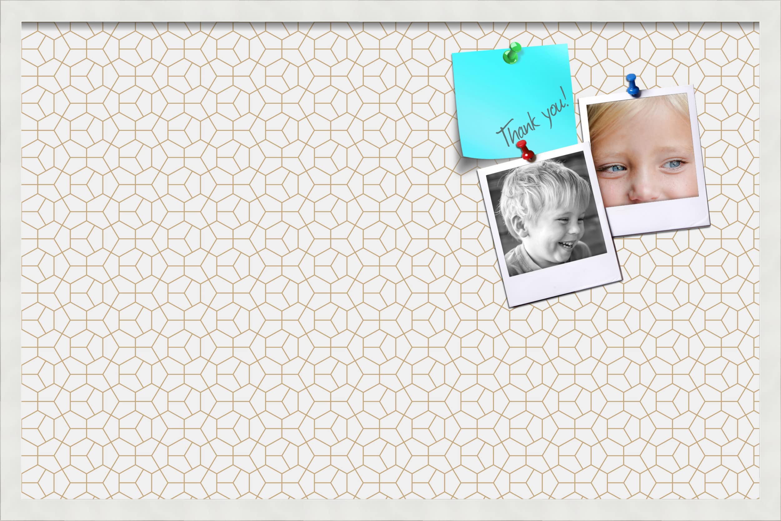 PinPix 34x22 Inch Cork Bulletin Board - Decorative Framed Pin Board with Modern Hex Gold Design & Satin White Frame - Perfect for Home Office Decor, School Classroom, Dorm Room Organization & Vision Board Display (PinPix-1537)
