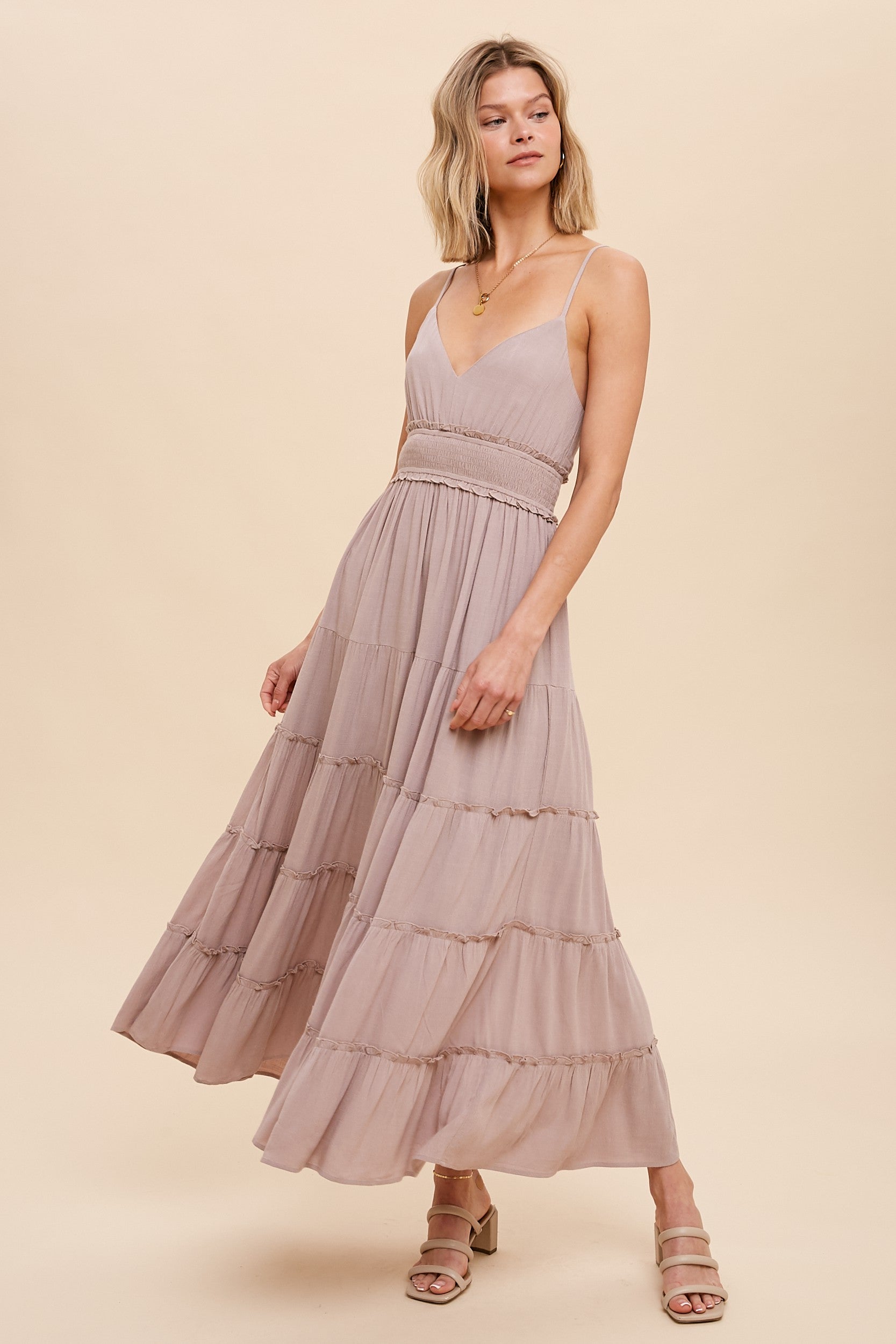 Beige Cross Tie Back Cami Maxi Dress for Women - Elegant Summer Beach Wedding Party Dress with Flowy Long Skirt & Adjustable Straps | Perfect for Vacations, Date Nights & Special Occasions