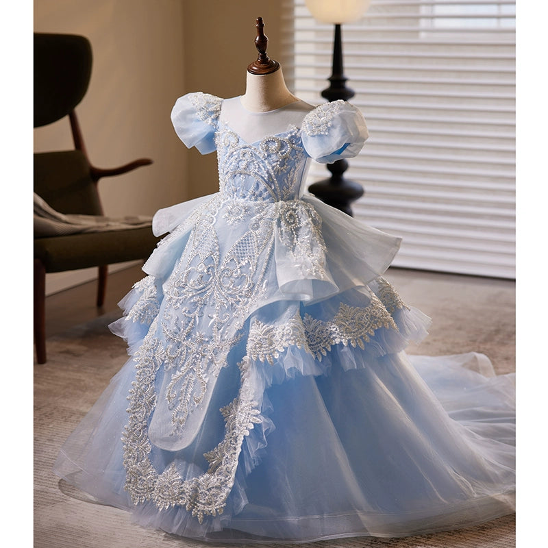 Royal Blue Organza Flower Girl Dress with Princess Round Neckline - Perfect for Weddings, Pageants & Special Occasions
