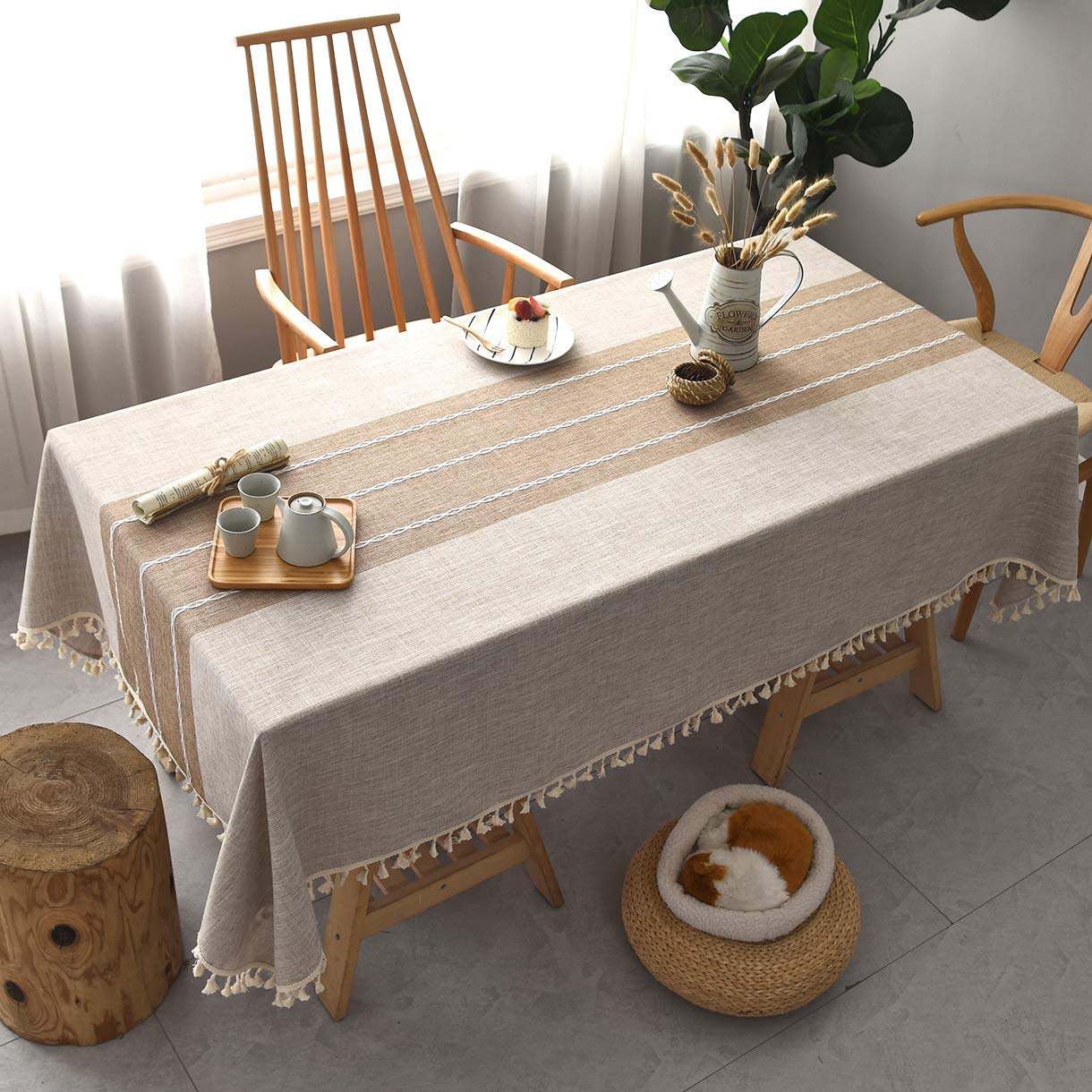 Premium Rectangle Tablecloth with Tassel - 55x86 Inch Wrinkle & Waterproof Cotton Linen Table Cover for Coffee Tables, Parties, Holidays, Christmas - Elegant Dining & Home Decor for Everyday Use and Special Occasions
