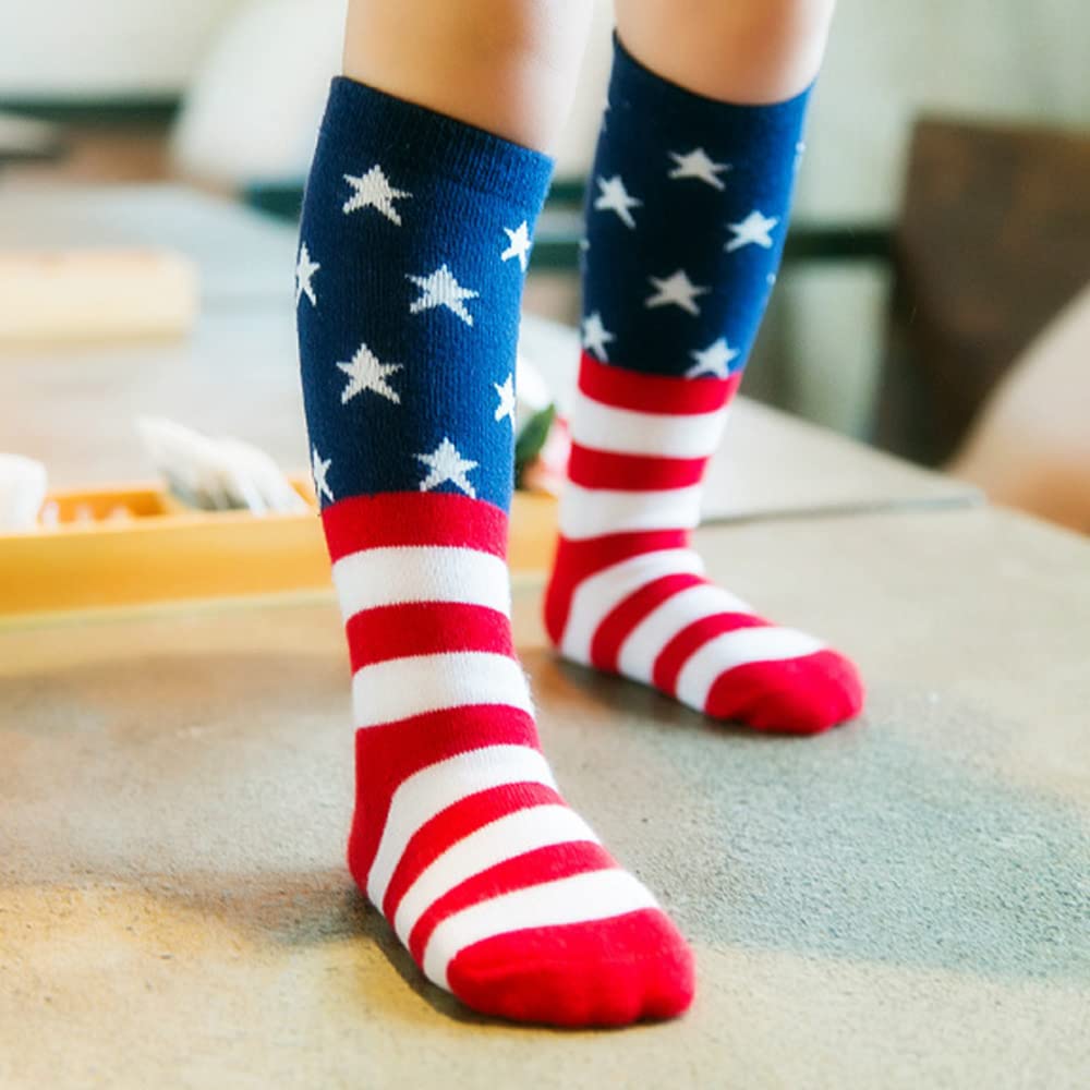 USA Flag Kids Socks - Patriotic Star Knee High Socks for Boys & Girls, Baby Toddler Children - Perfect for 4th of July, Memorial Day & School Spirit Events