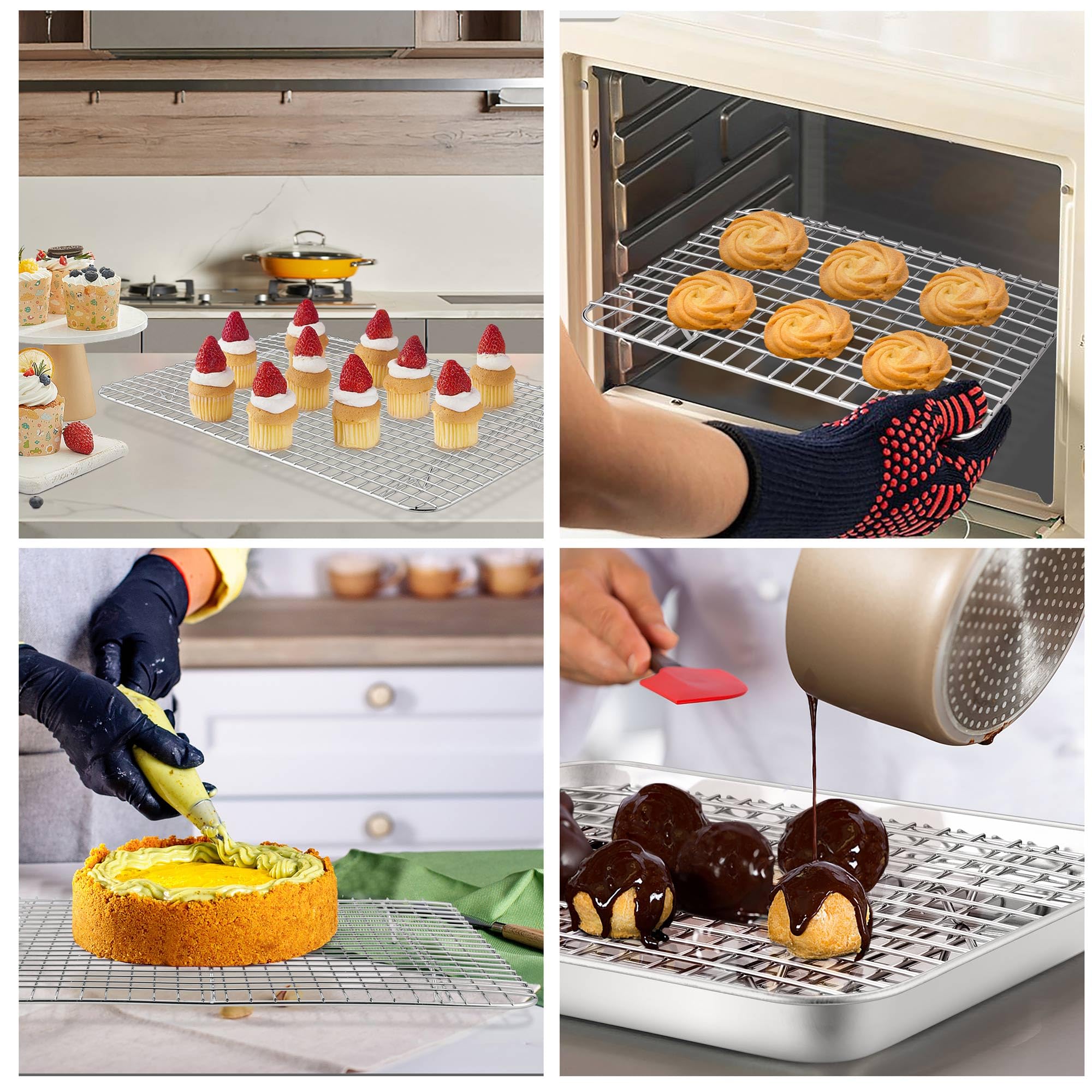 TeamFar 4-Piece Stainless Steel Cooling Rack Set - Heavy Duty Baking Grids for Toaster Oven, Baking Sheets & Roasting Pans - Mirror Finish, Dishwasher Safe - Perfect for Cookies, Cakes, Breads & Pastries