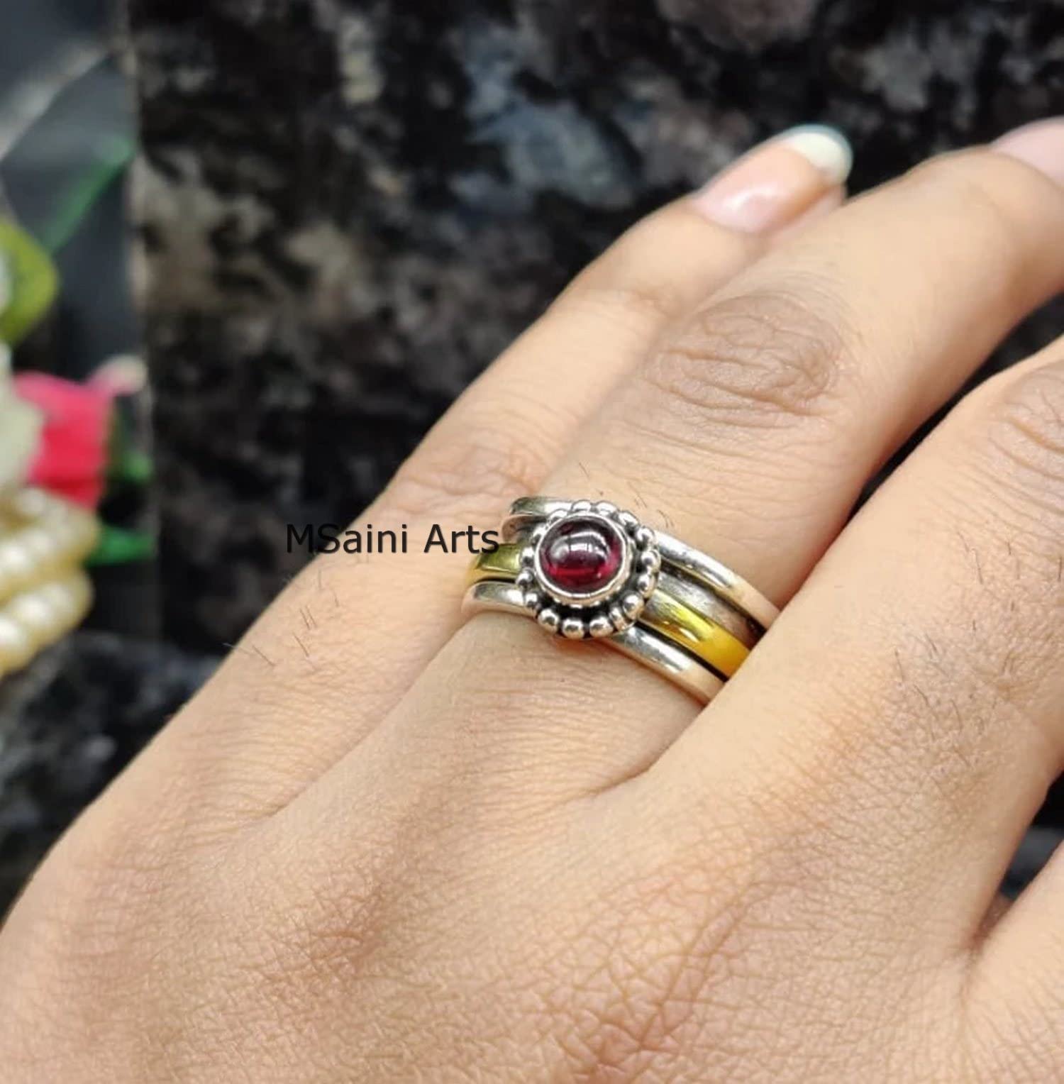 Sterling Silver 925 Garnet Spinner Ring for Women - Handcrafted Jewelry for Stress Relief