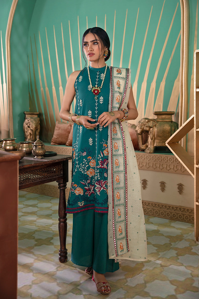 DEEP EMERALD Green Embroidered Lawn Dress Set - 3 Piece Floral Summer Outfit for Women | Perfect for Beach Vacations, Garden Parties & Casual Day Out