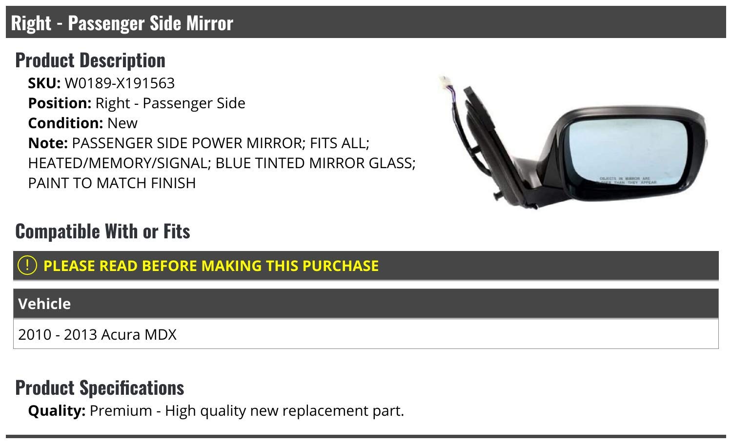 Right Passenger Side Power Mirror with Heated Glass, Memory, Turn Signal & Blue Tint - Compatible with 2010-2013 Acura MDX - Perfect for Winter Driving & Enhanced Safety
