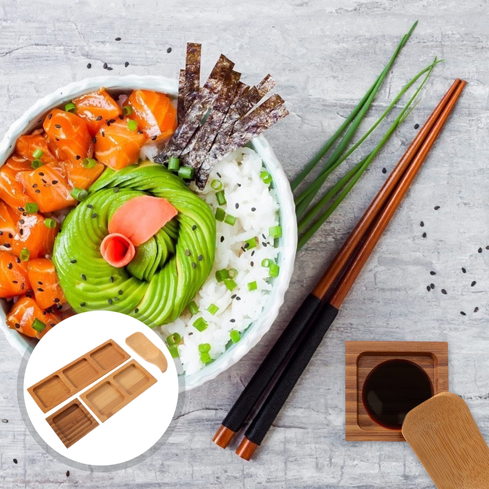 Cabilock 4-Piece Bamboo Seasoning Dish Set - Small Soy Sauce Bowls & Wooden Spoons for Sushi, Dumplings, Ramen - Eco-Friendly Tableware for Asian Cuisine & Home Dining