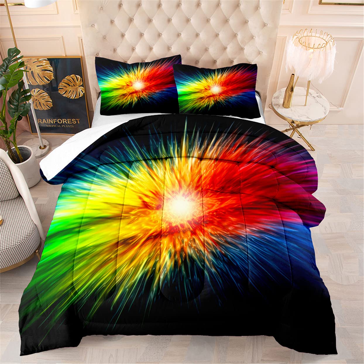 EDUMEYA Full Size Colorful Explosion Blast Comforter Set - Abstract Firework Design Quilt Duvet Set with 1 Comforter & 2 Pillowcases | Perfect for Kids' Rooms, Guest Bedrooms & Modern Home Decor