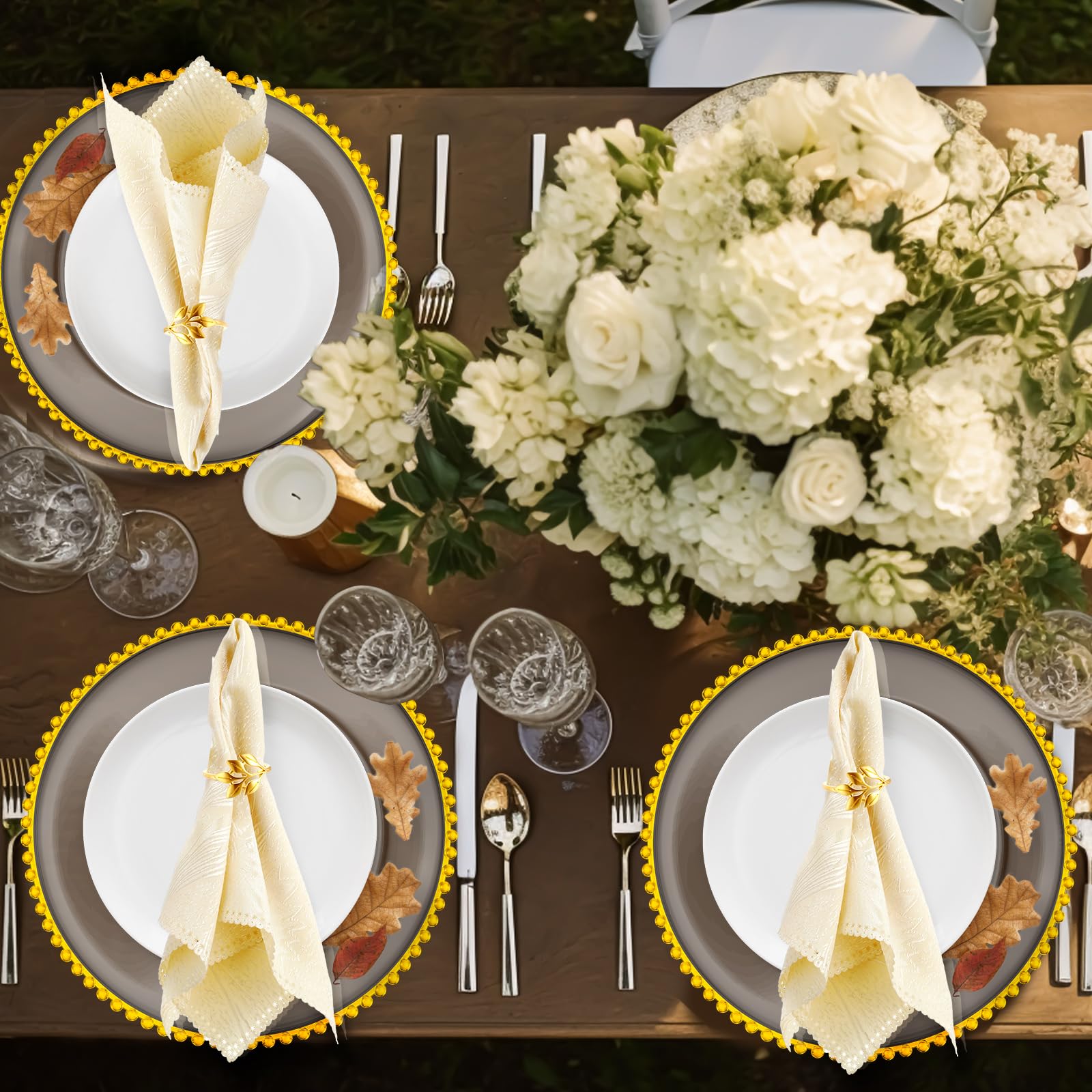 Bokon 50-Pack Clear Acrylic Charger Plates 13 Inch - Elegant Beaded Plastic Dinner Plates with Gold Napkin Rings - Perfect for Weddings, Thanksgiving & Party Decor (Clear & Gold)