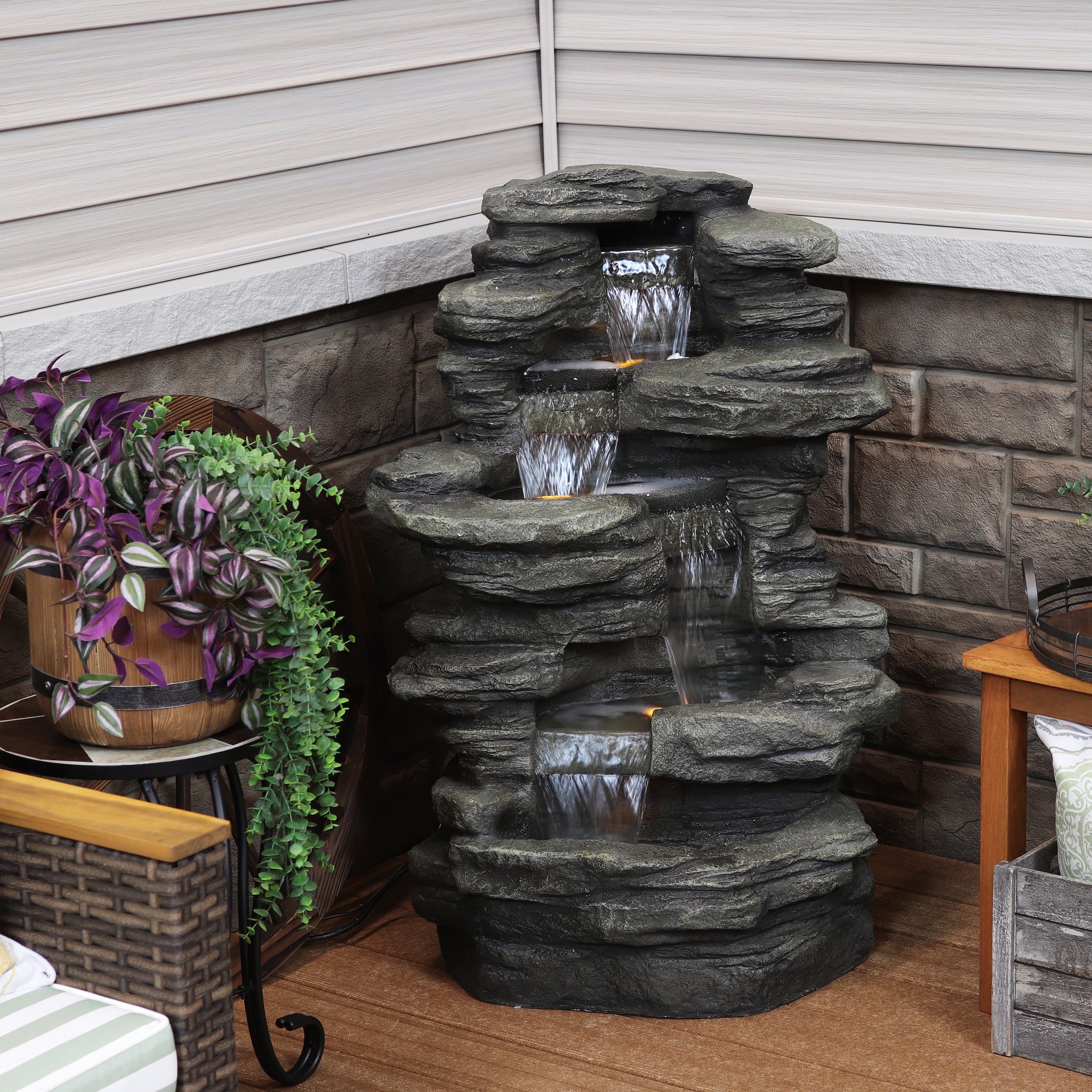 Sunnydaze Stacked Shale Outdoor Rock Waterfall Fountain with LED Lights - 38