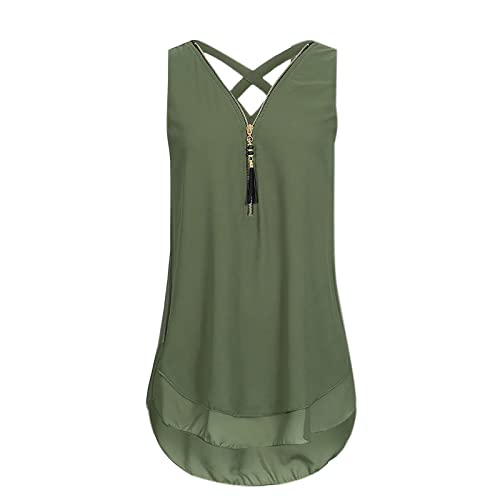 Women's Loose Fit Sleeveless V-Neck Cross Back Tank Top with Layered Hem & Zipper Detail - Casual Summer Blouse for Beach, Yoga & Everyday Wear