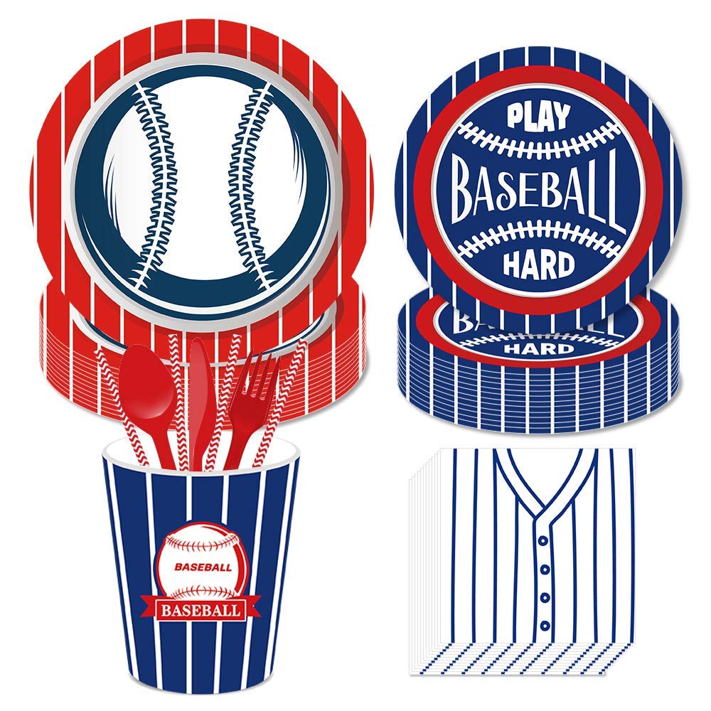 Baseball Party Supplies Set - 113PCS Disposable Dinner Plates, Dessert Plates, Cups, Napkins & Straws for 16 Guests - Perfect for Baseball Birthday Decorations, Team Parties & Sports Themed Events