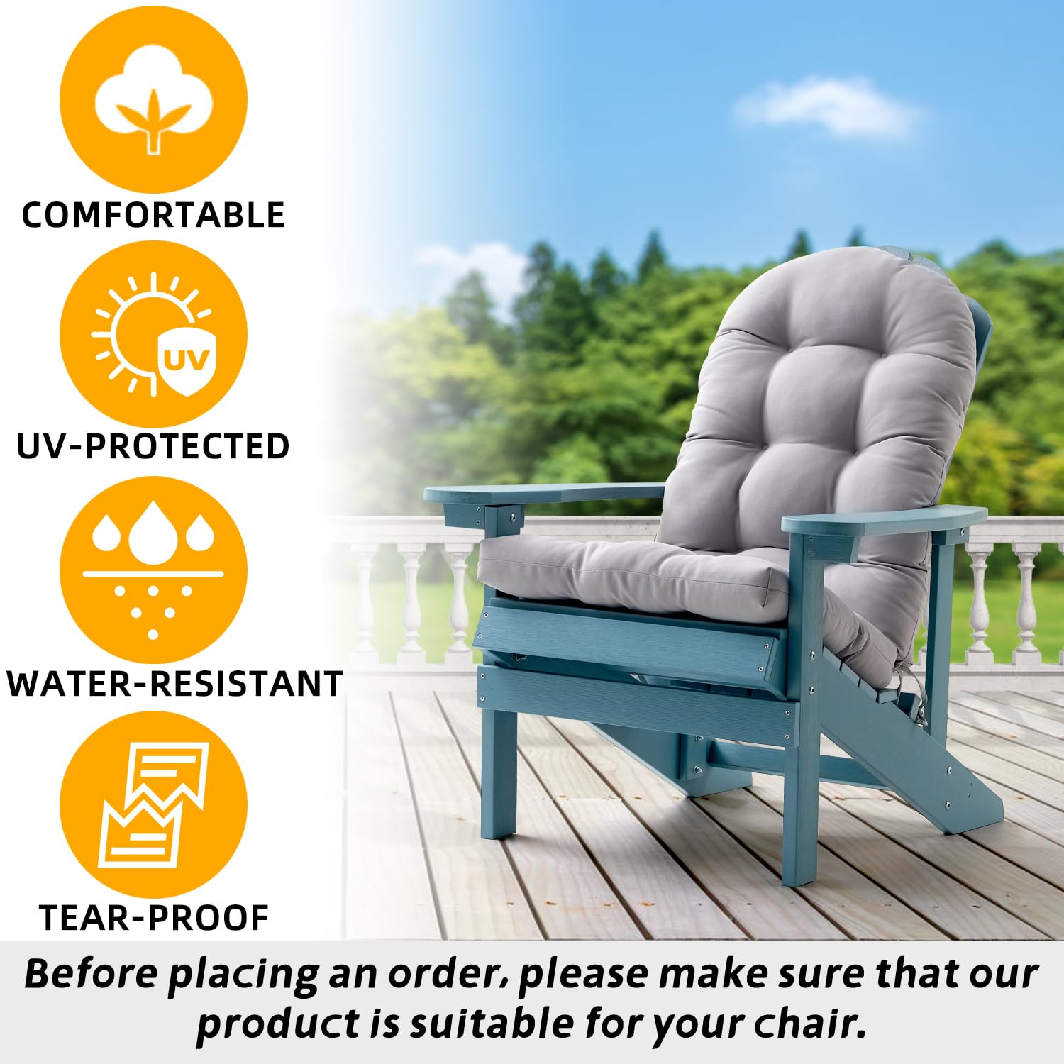 FILUXE Waterproof Adirondack & Rocking Chair Cushion - High Back Patio Cushions with Ties, Fade-Resistant All-Weather Outdoor Pillow for Garden, Deck, Porch, Poolside (Gray, 1 Pack)