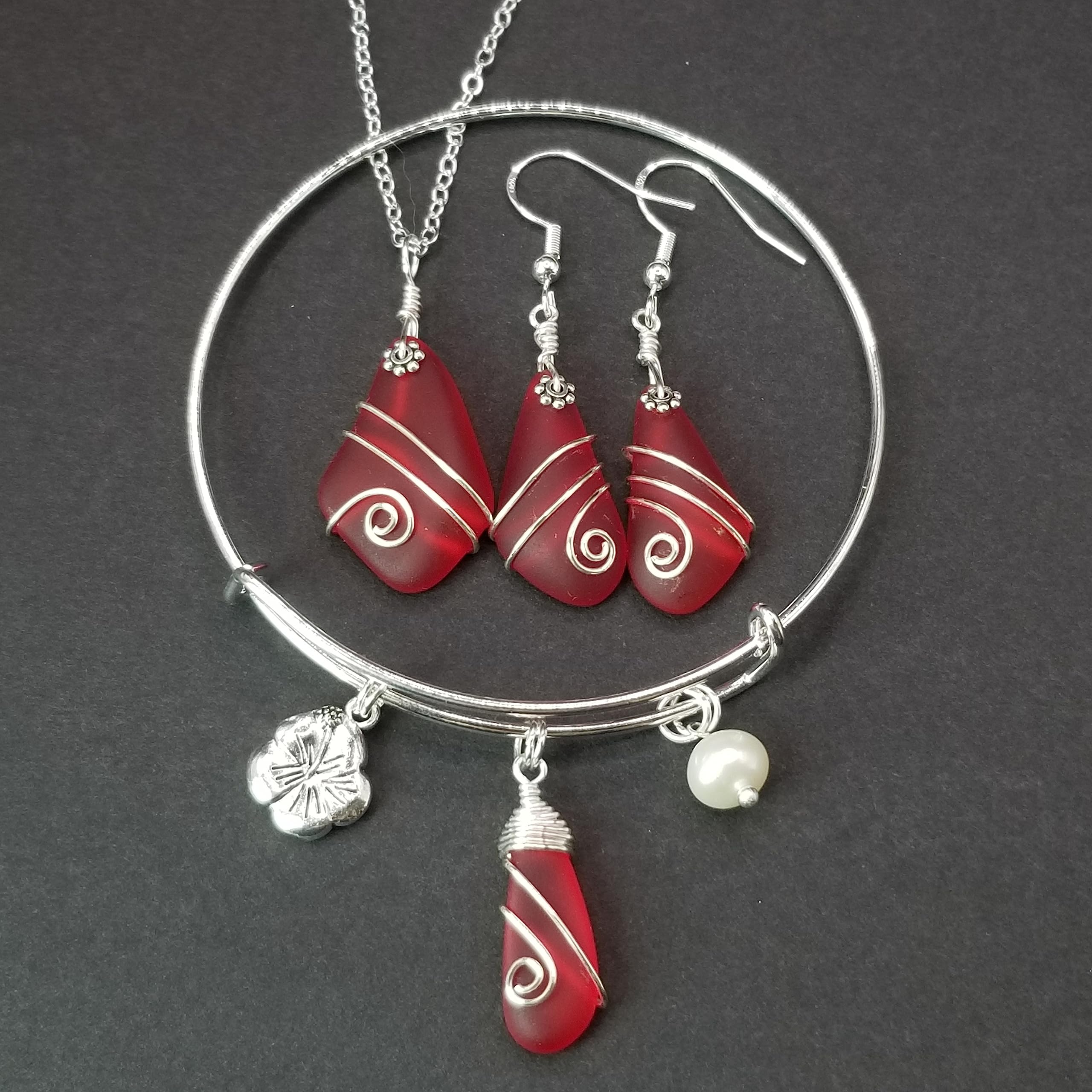 Wire Wrapped Red Sea Glass Jewelry Set - Necklace, Earrings & Bracelet with January Birthstone, Hibiscus Charm & Natural Pearl | Hawaiian Gift, Customizable Message - Perfect for Birthdays, Anniversaries & Beach Weddings
