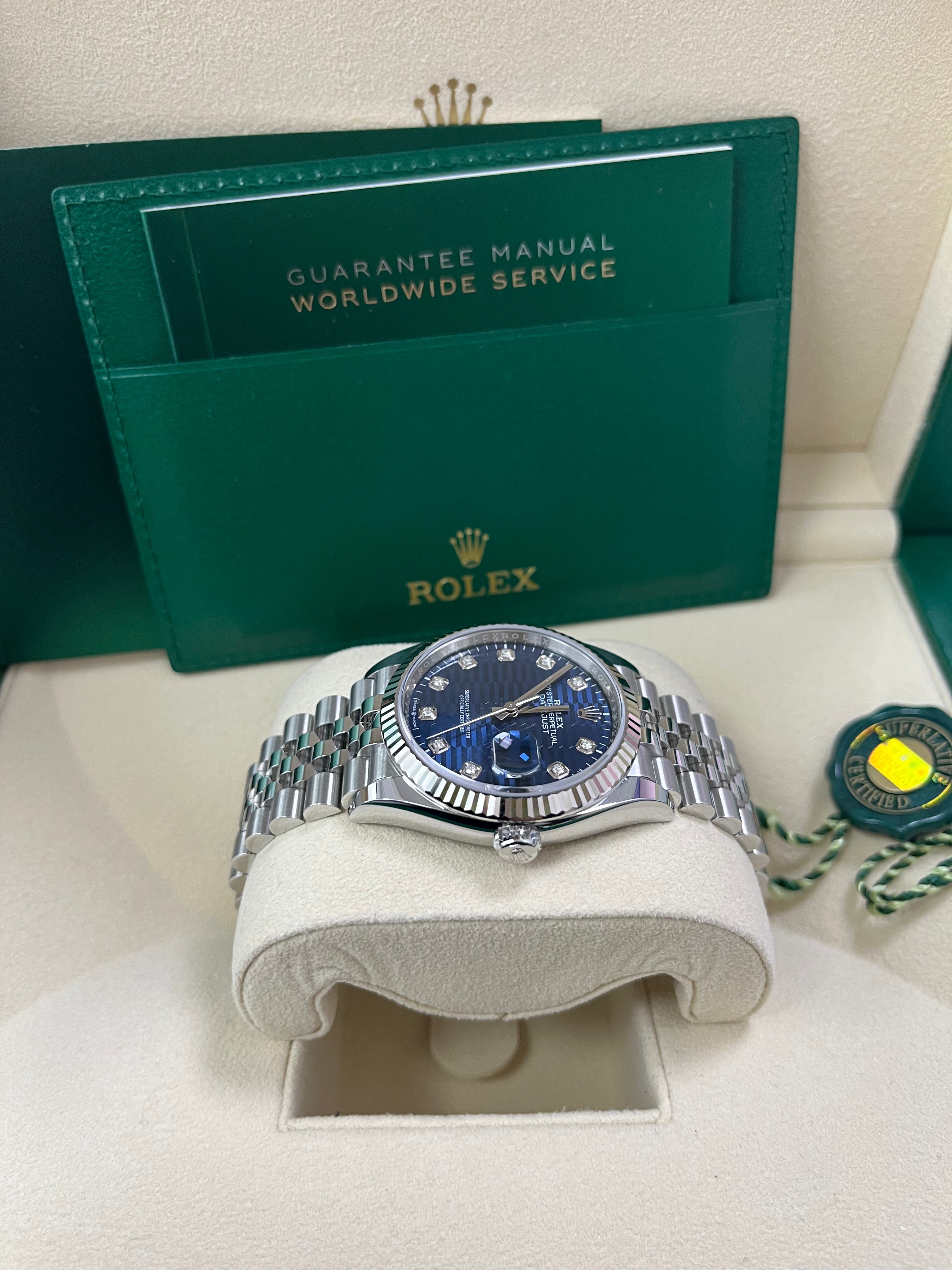 Rolex Datejust 36mm Men's Watch - Fluted Bezel, Bright Blue Diamond Dial, Jubilee Bracelet (Ref.126234) | Luxury Dress Watch for Business & Formal Occasions
