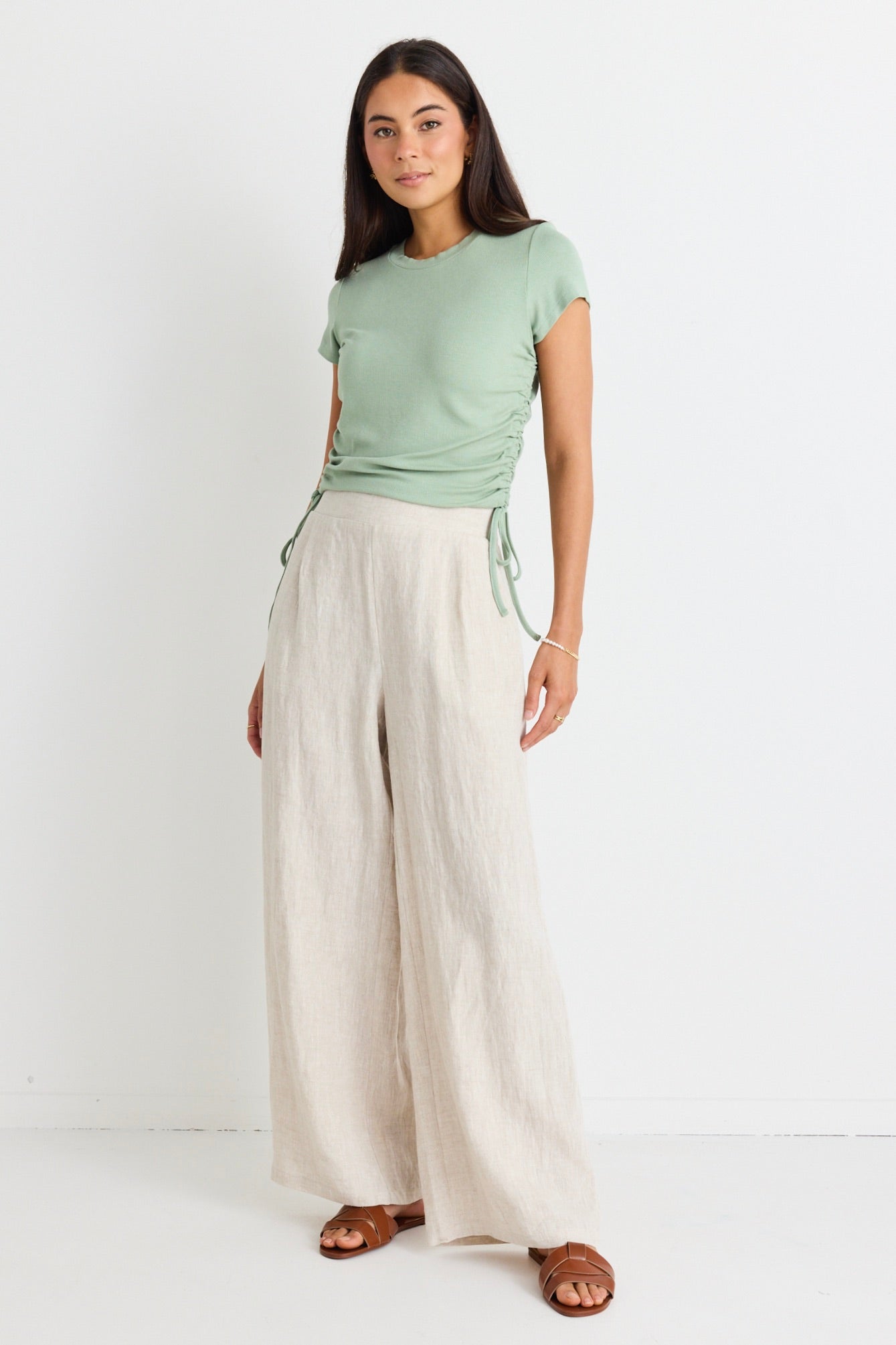 Perfect Sage Rib Rouched Side Crop Tee - Women's Fashion Tops for Casual Wear, Date Night & Street Style Outfits