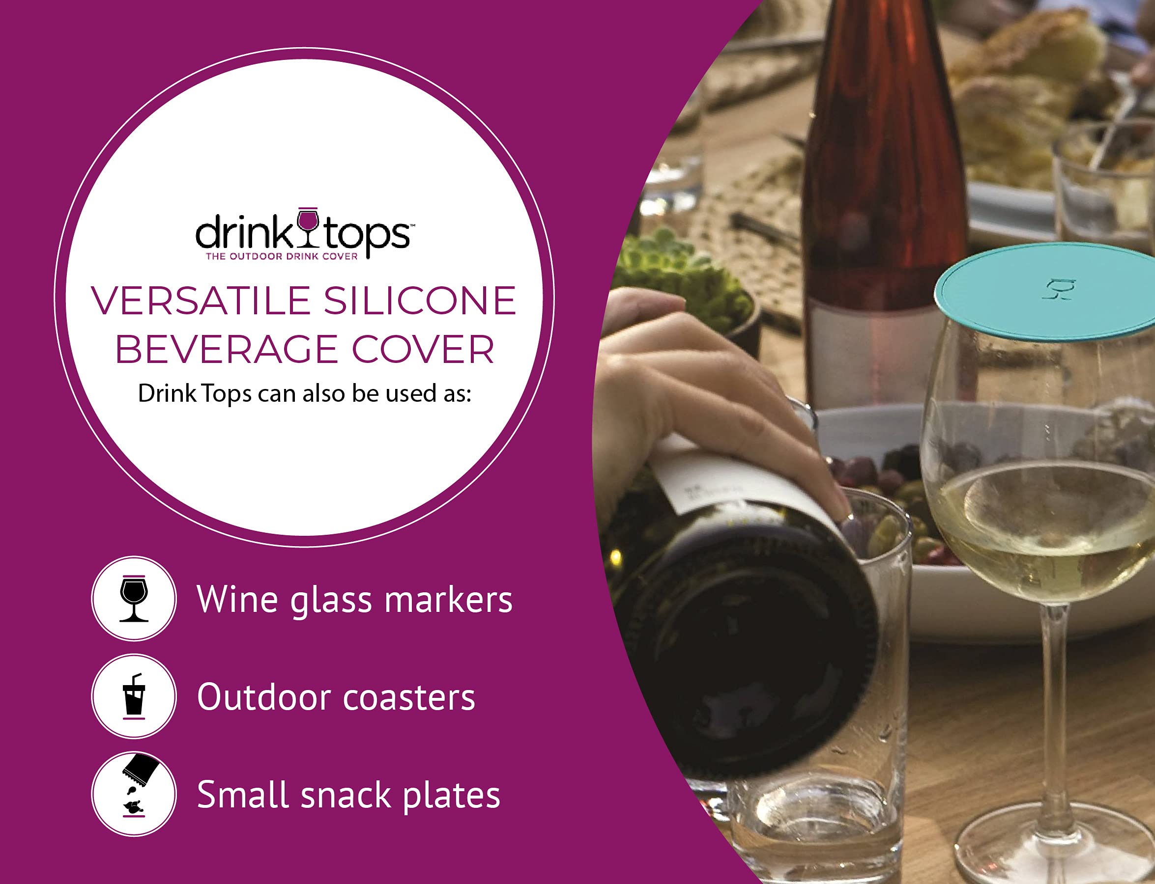 Drink Tops Tap & Seal Reusable Silicone Glass Covers - 4 Pack for Wine Glasses, Coffee Mugs, Tea Cups & Beverage Glasses - Splash Proof & Dust Proof Seal for Outdoor Picnics, Camping & Travel