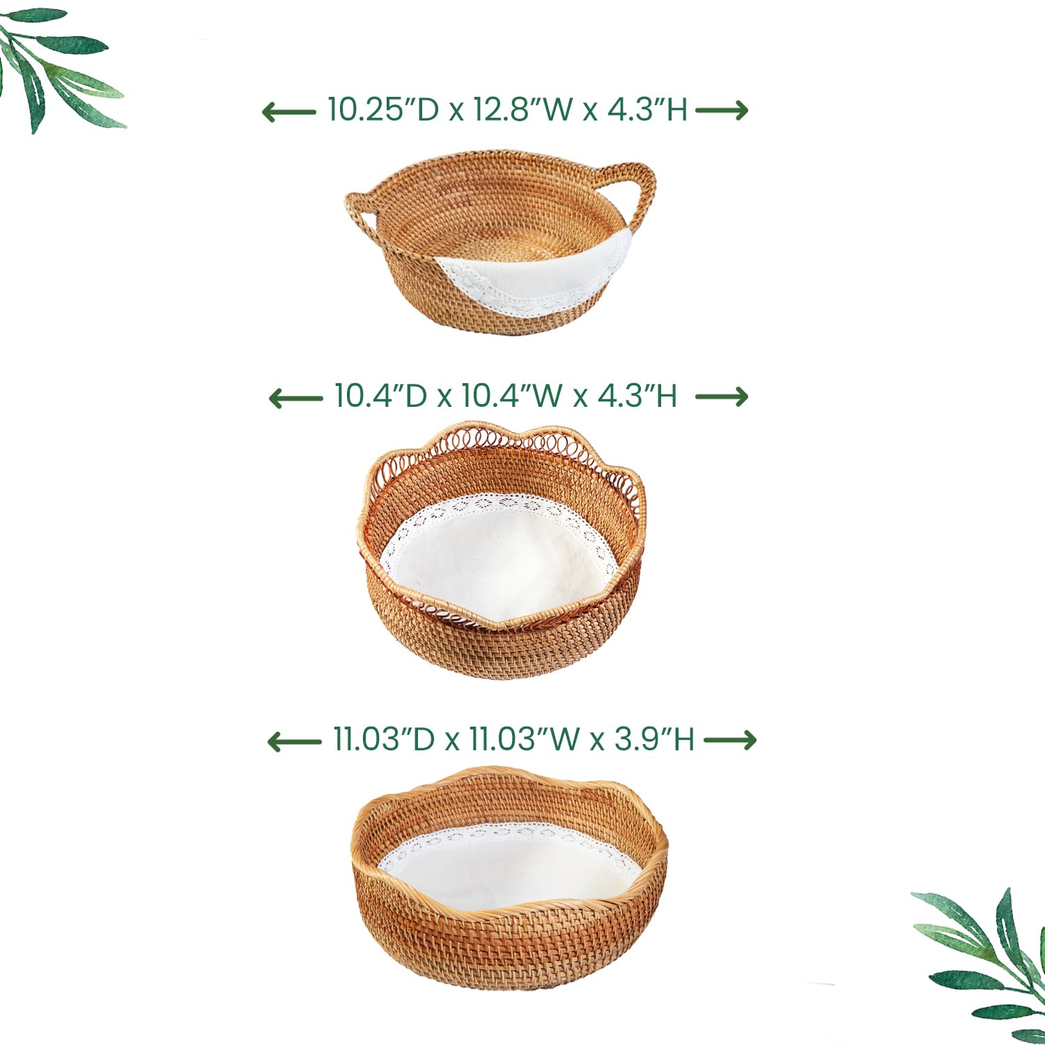 Round Rattan Wicker Bread Basket with Removable White Liner - 11