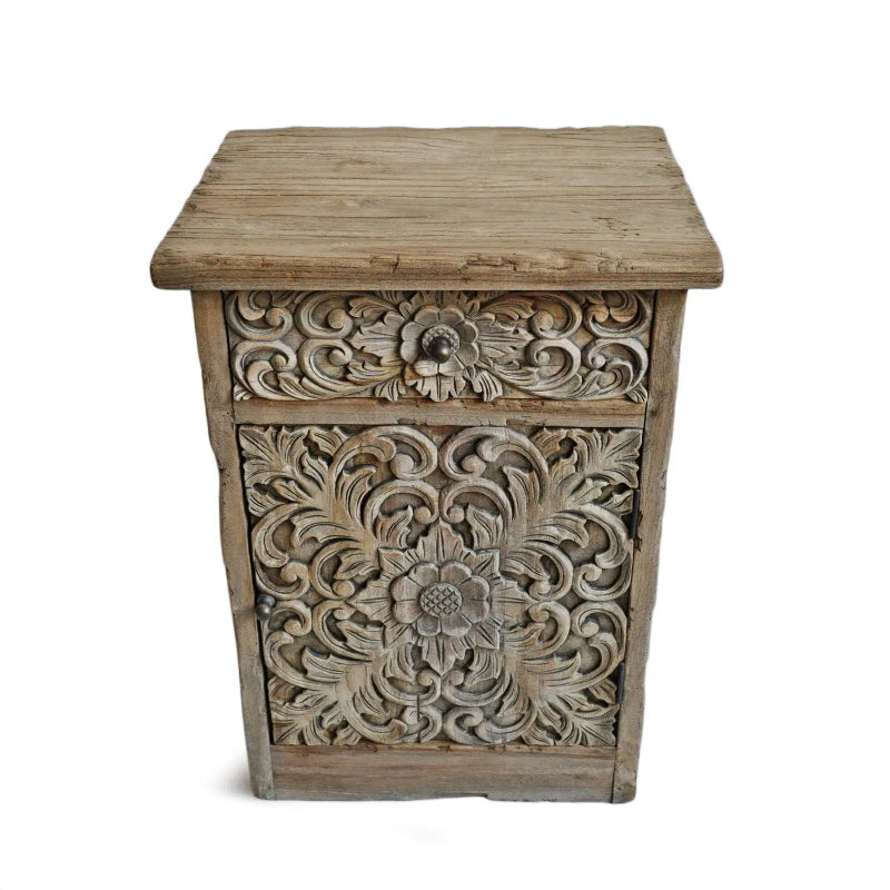 Hand Carved Solid Wood Bedside Table with Storage - 1 Door & 1 Drawer - Nightstand for Bedroom, Living Room, or Office - Rustic Wooden End Table with Ample Storage Space