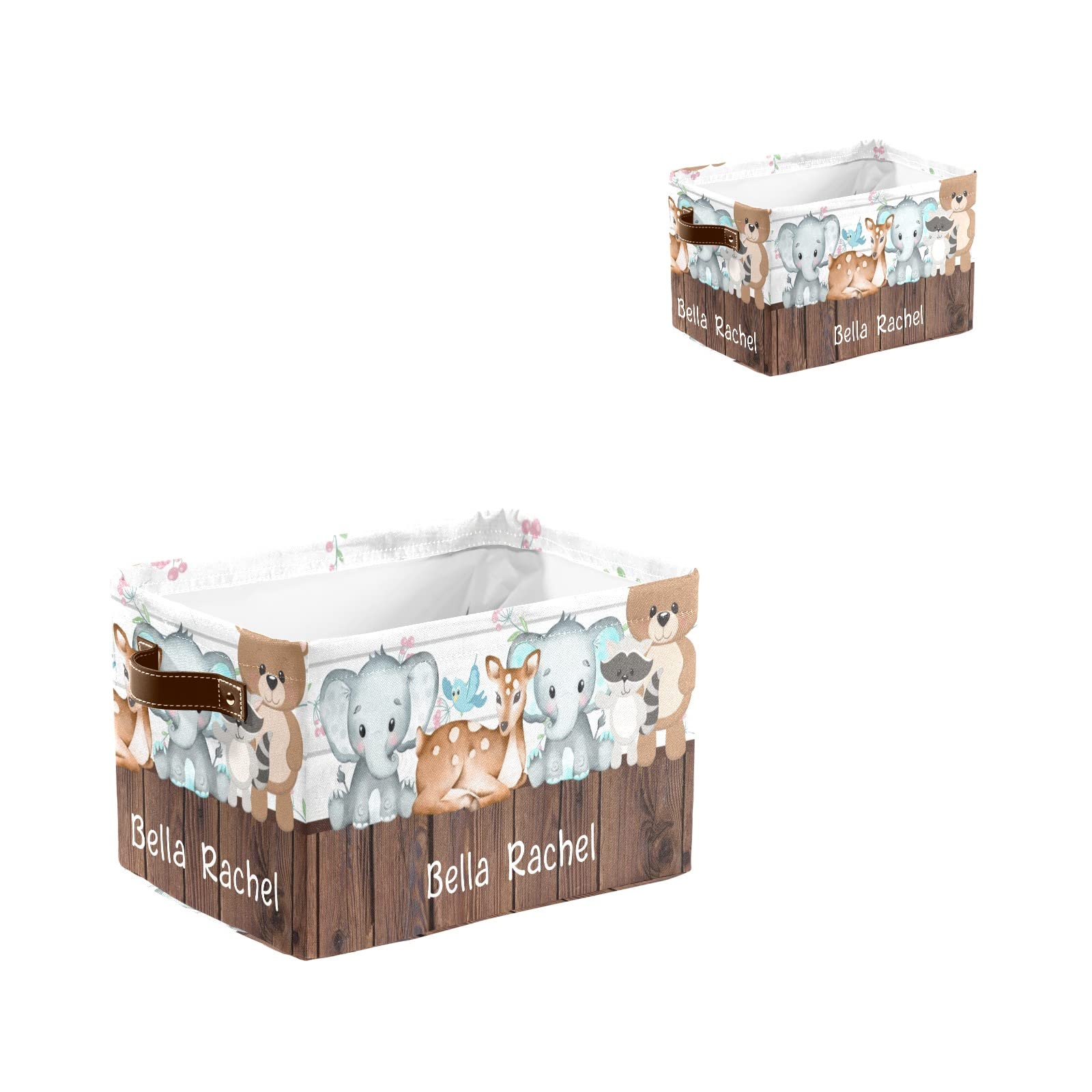 Personalized Wooden Cute Forest Animals Storage Bins - Durable Handle Toy Organizer Basket for Nursery, Wardrobe & Shelves (1 Pack) - Perfect for Kids' Room Decor & Clutter Organization