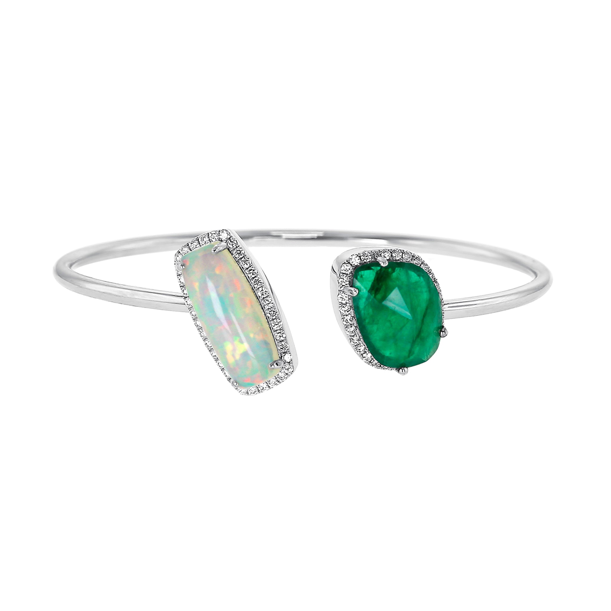 Yael Designs 14K Gold Emerald & White Opal Diamond Bangle Bracelet for Women - Elegant Jewelry Gift for Birthday, Anniversary & Special Occasions