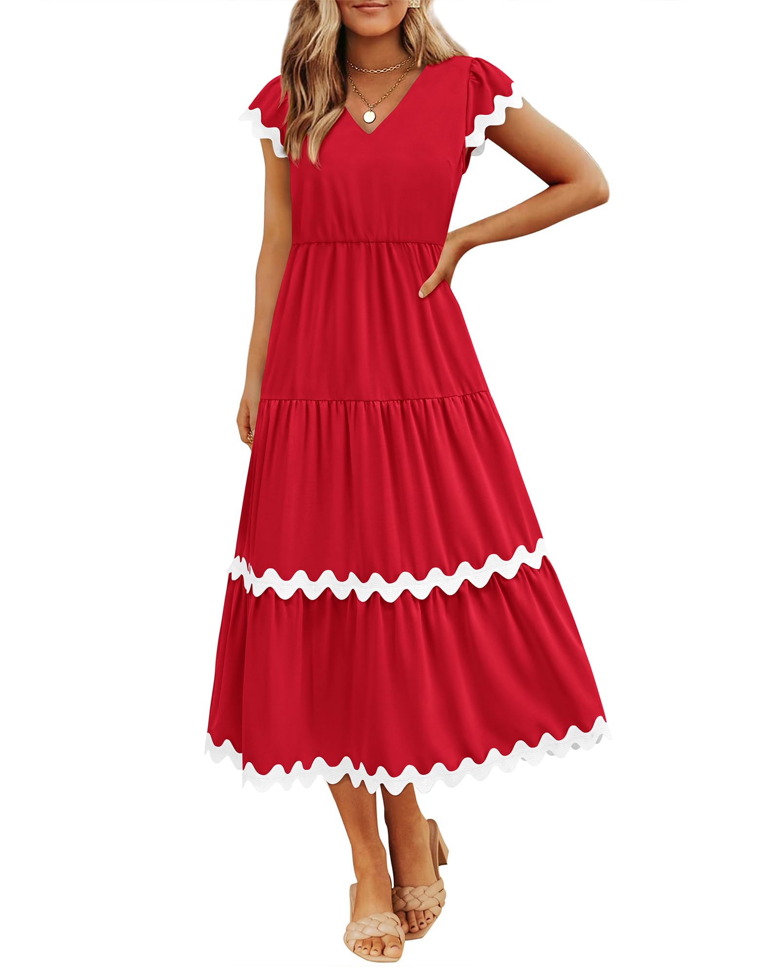 BTFBM Women's Flowy V-Neck Cap Sleeve Midi Dress with Pockets - 2025 Spring Summer Beach Vacation Dress, Loose RIC Rac Design for Casual Outings, Date Nights & Tropical Getaways